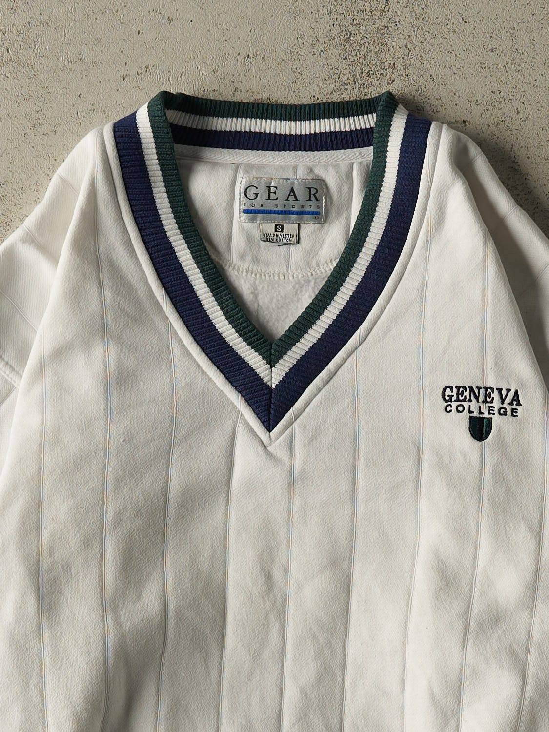 Vintage 90s White Geneva College V Neck Sweater (S)