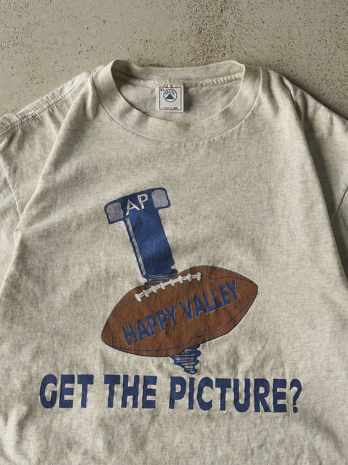 Vintage 80s Heather Grey "Get The Picture" Football Tee (L)