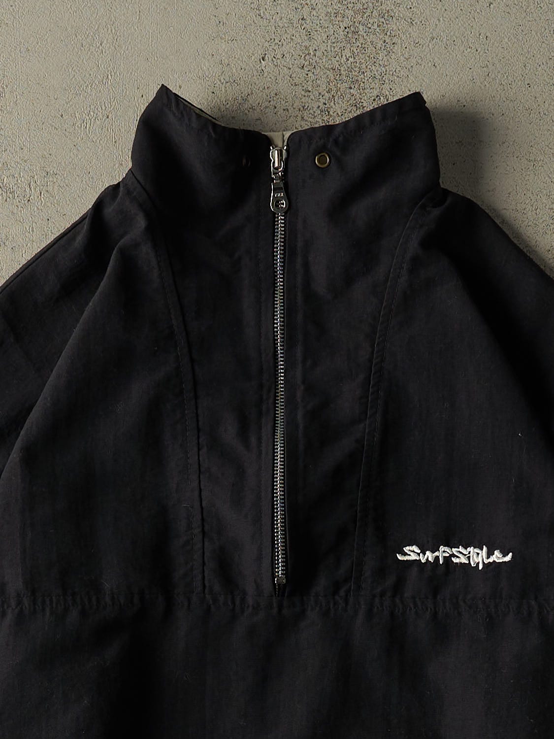 Vintage 90s Black Surf Style Quarter Zip Windbreaker Jacket (L/XL)