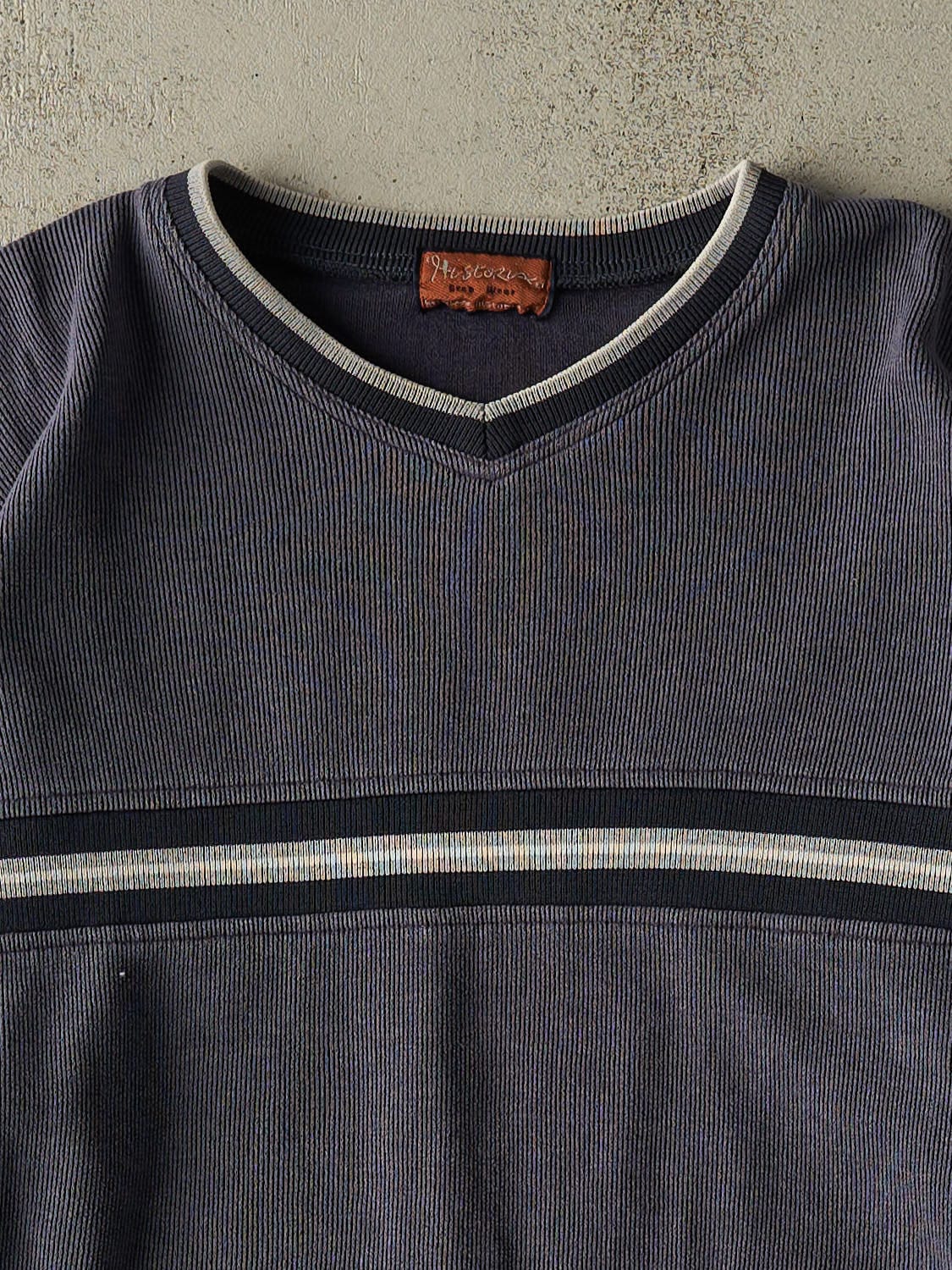 Vintage 90s Washed Blue Striped Textured Long Sleeve (XL)