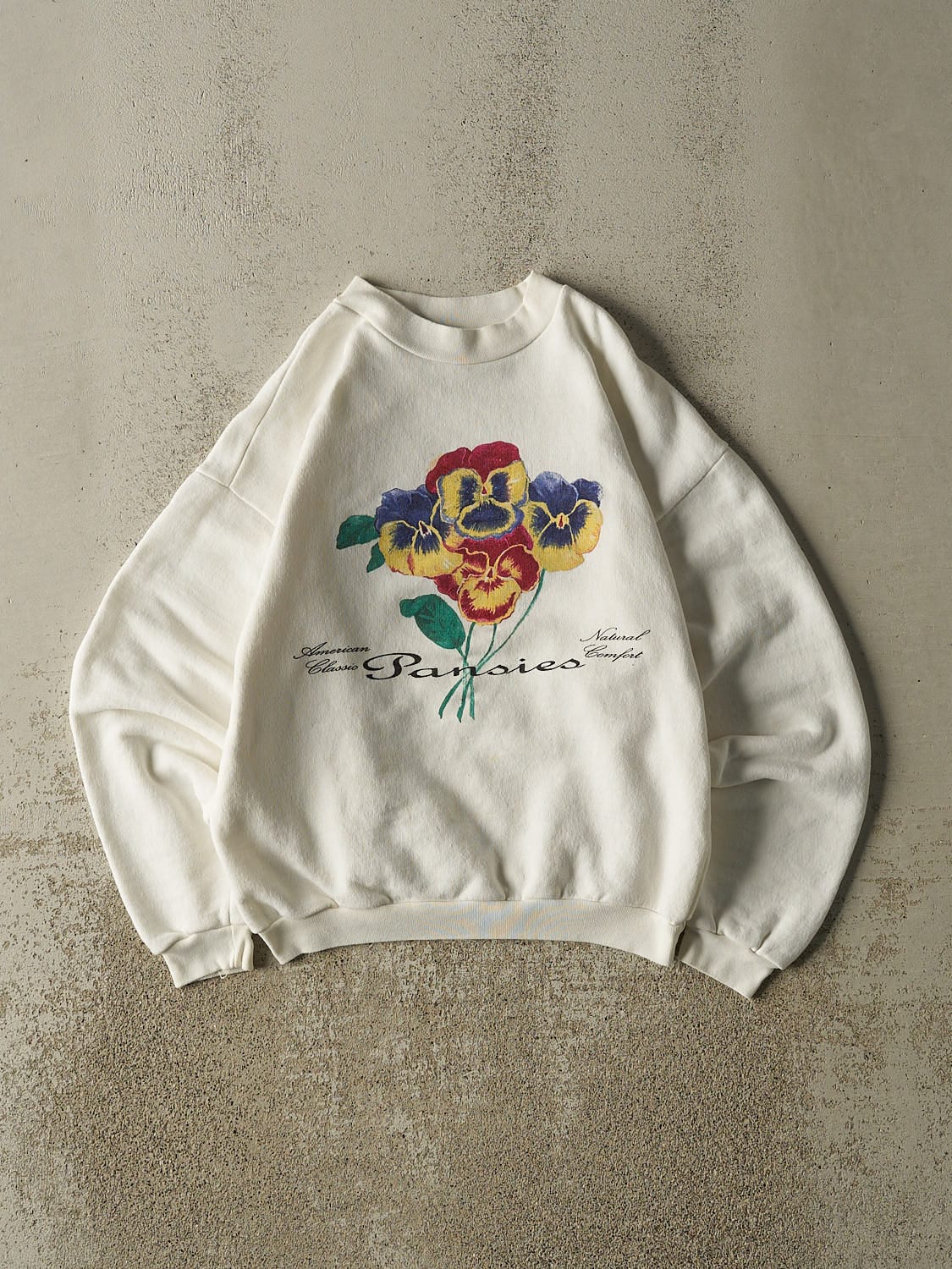 Vintage 80s White Pansies Crewneck (XS/S)