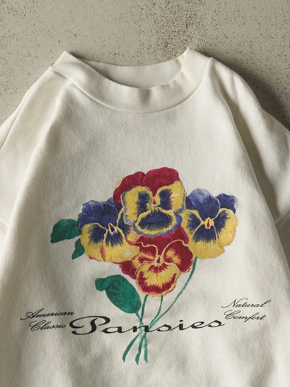 Vintage 80s White Pansies Crewneck (XS/S)
