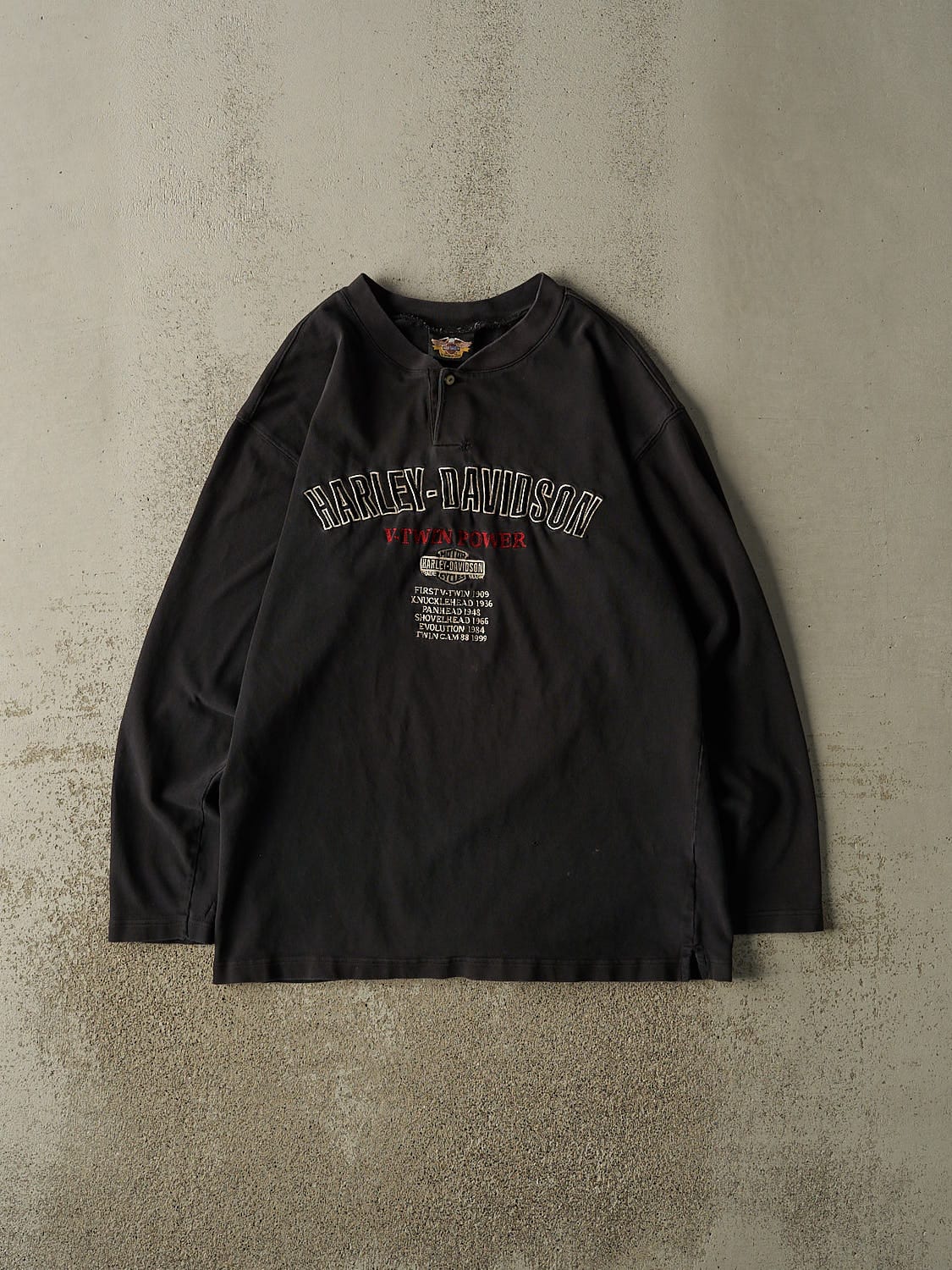 Vintage 99' Faded Black Harley Davidson Embroidered Quarter Button Long Sleeve (L/XL)