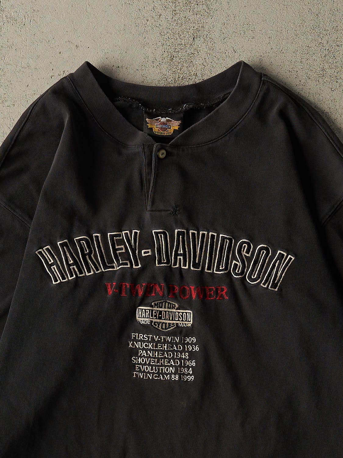 Vintage 99' Faded Black Harley Davidson Embroidered Quarter Button Long Sleeve (L/XL)