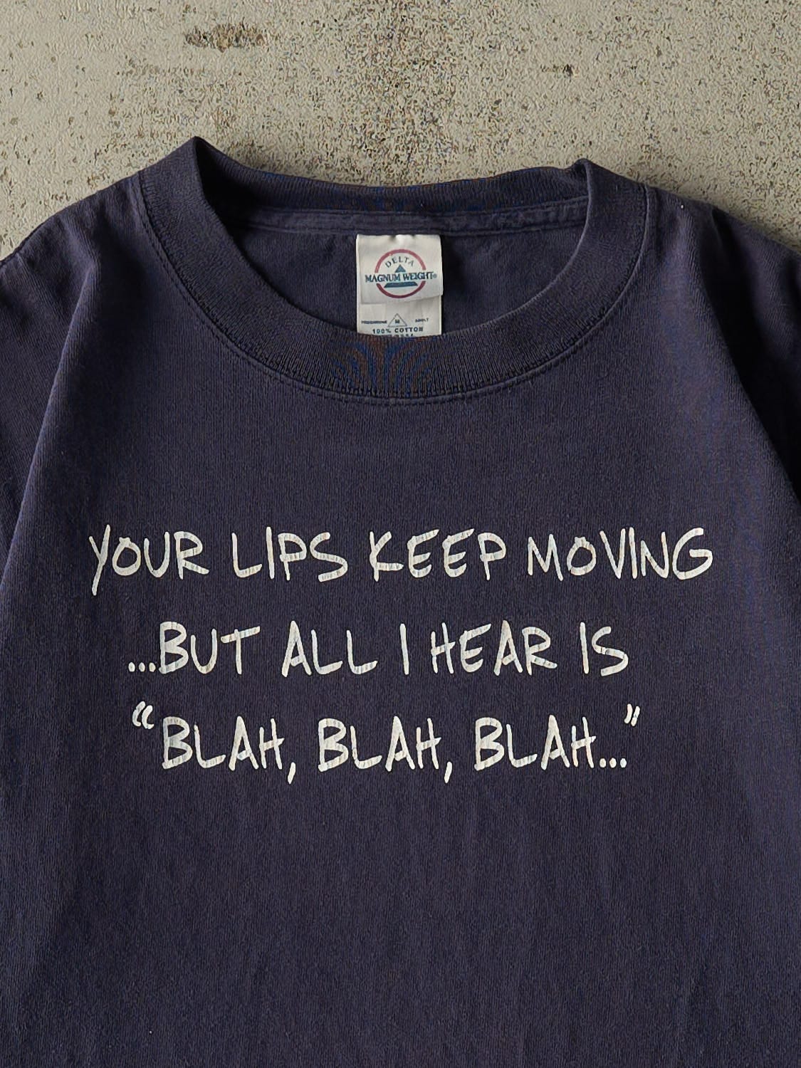 Vintage Y2K Navy Blue "Blah, Blah, Blah" Slogan Tee (M)