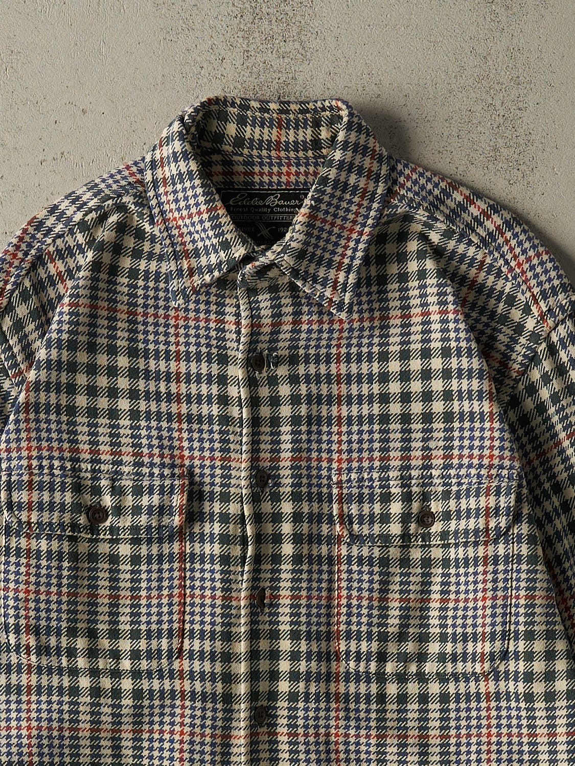 Vintage 90s Beige Eddie Bauer Plaid Button Up Long Sleeve (L/XL)