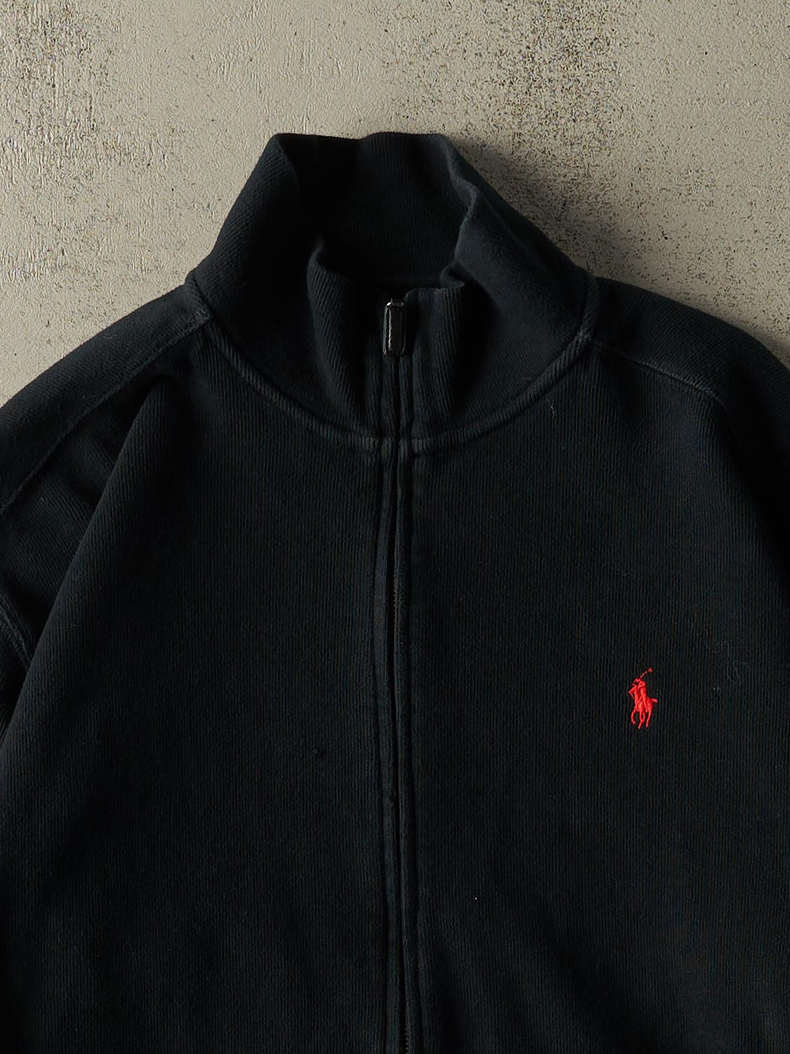 Vintage 90s Black Polo Zip Up Textured Sweater (XL)