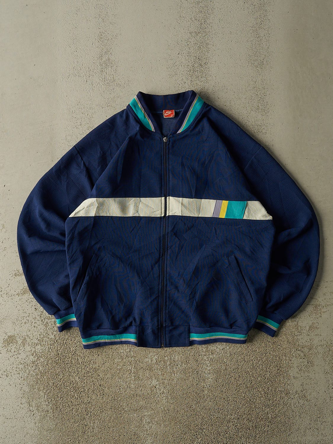 Vintage Y2K Navy Blue Nike Striped Bomber Style Lightweight Jacket (M/L)