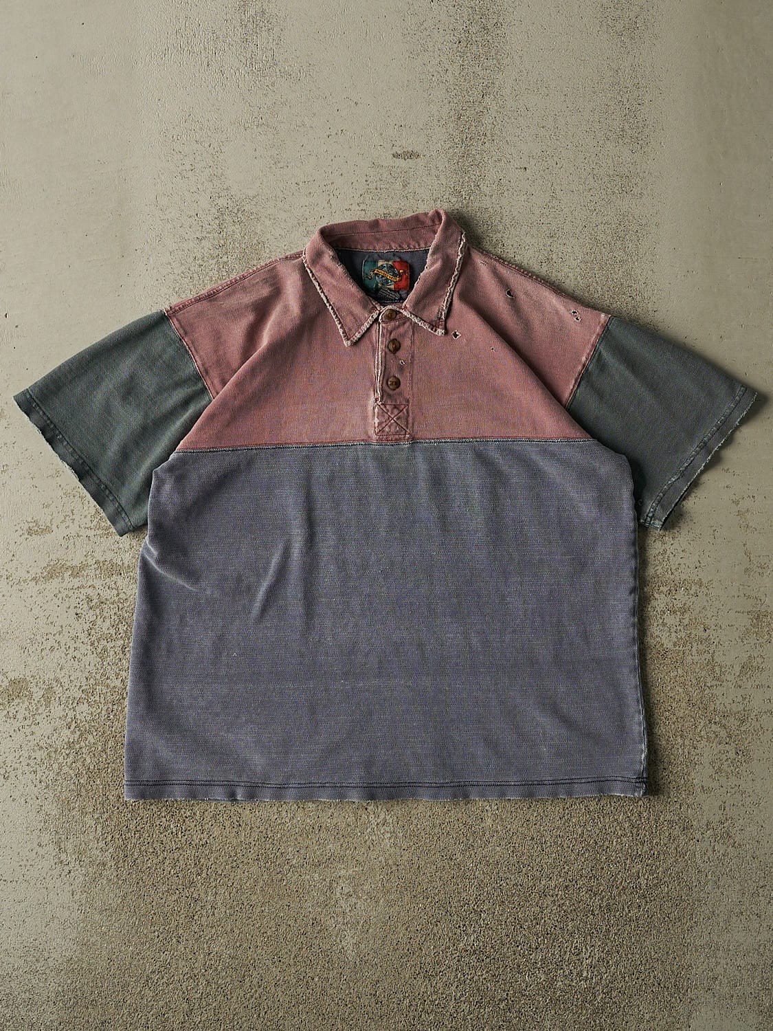 Vintage 90s Blue Multi Colour Quarter Button Tee (M)