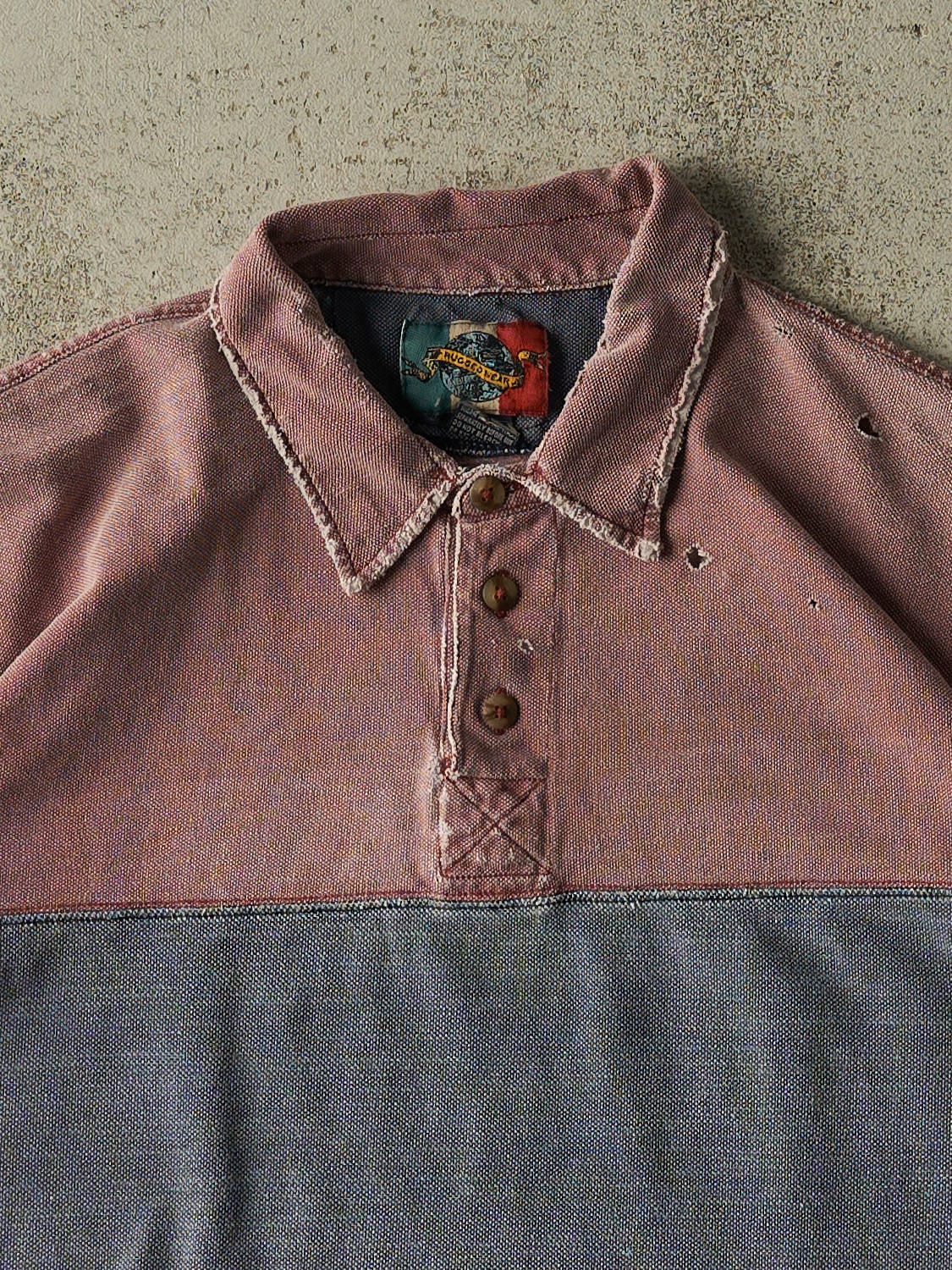 Vintage 90s Blue Multi Colour Quarter Button Tee (M)
