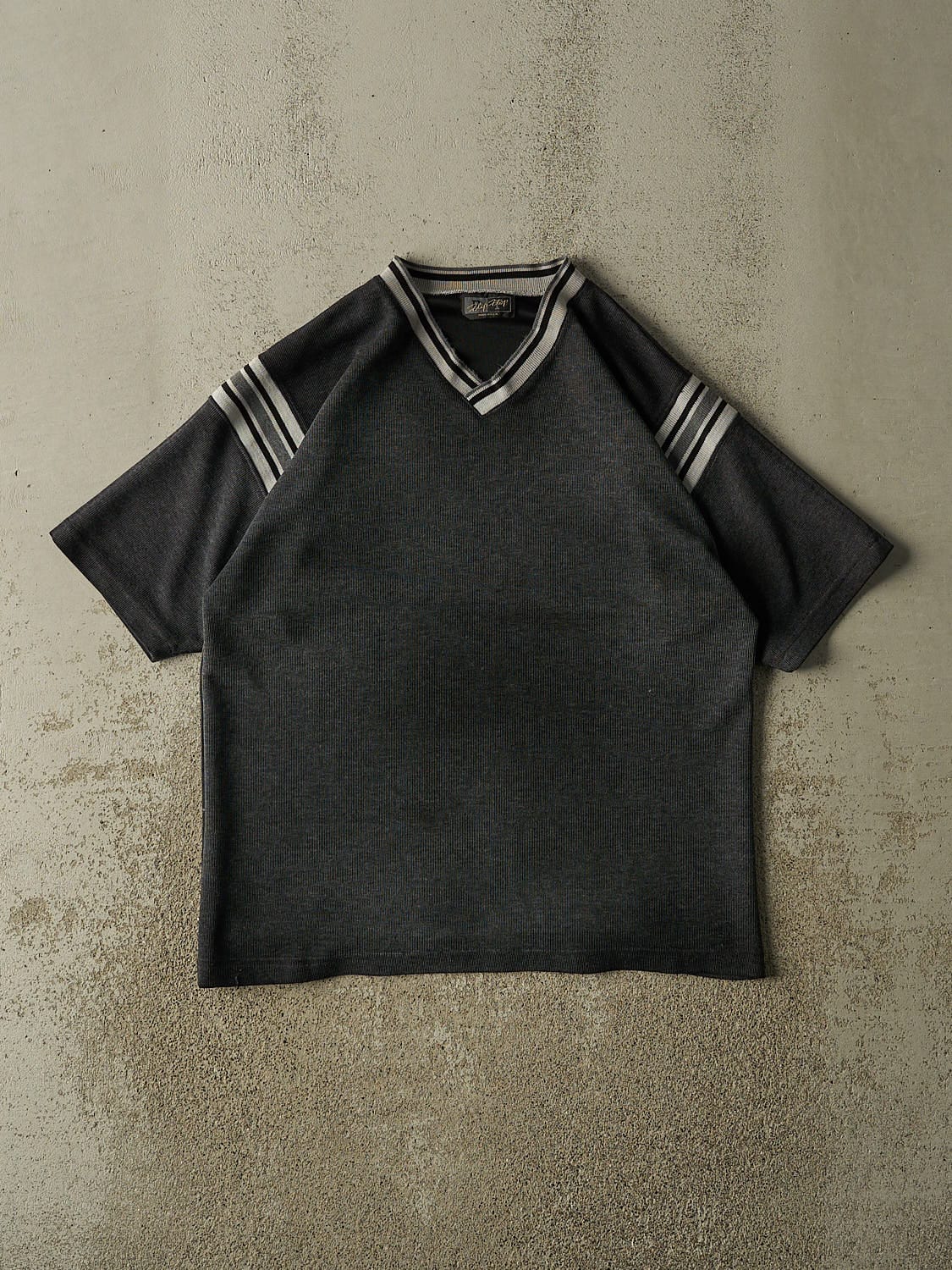 Vintage 90s Charcoal Grey Striped V Neck Textured Tee (L)