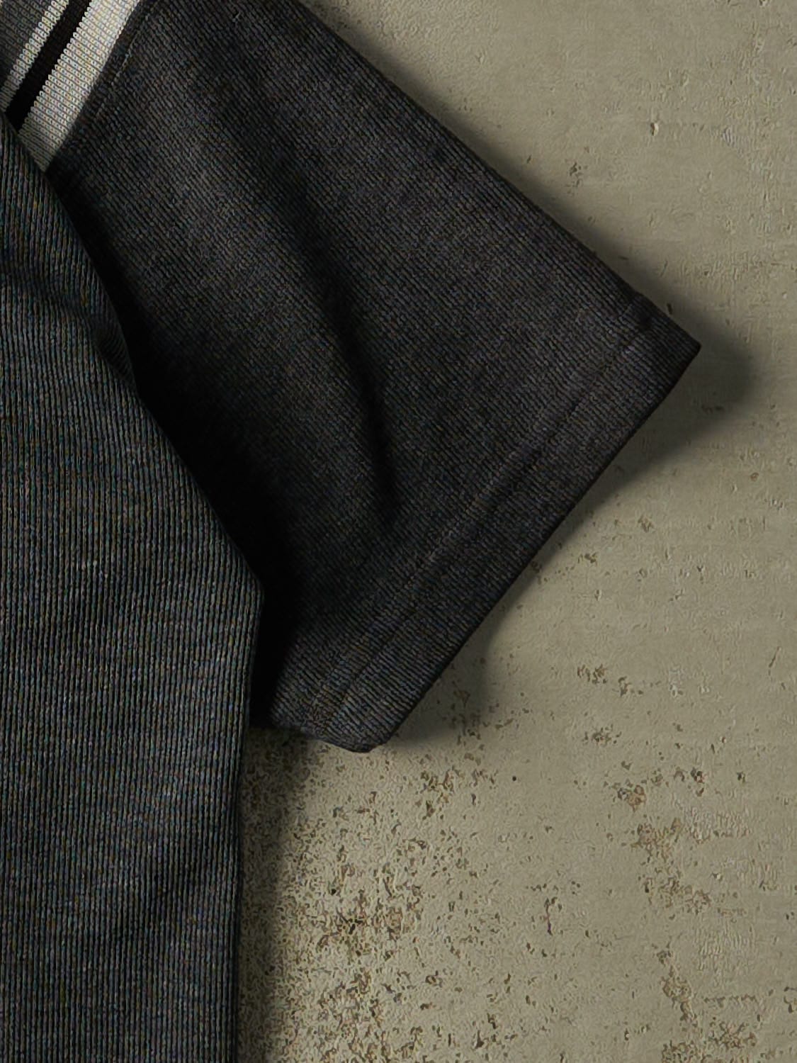 Vintage 90s Charcoal Grey Striped V Neck Textured Tee (L)
