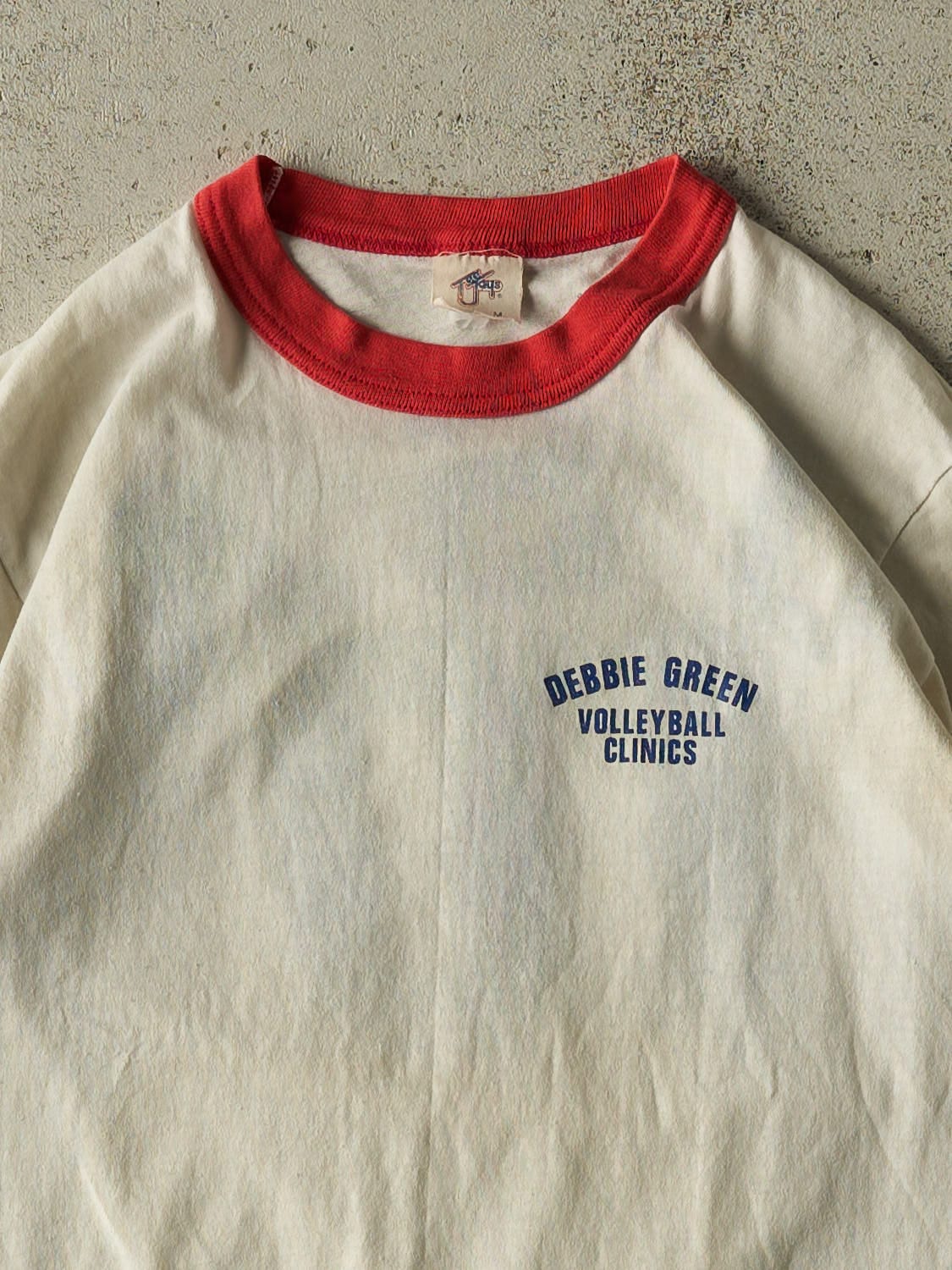 Vintage 80s White Debby Green Volleyball Ringer Baby Tee (XXS)
