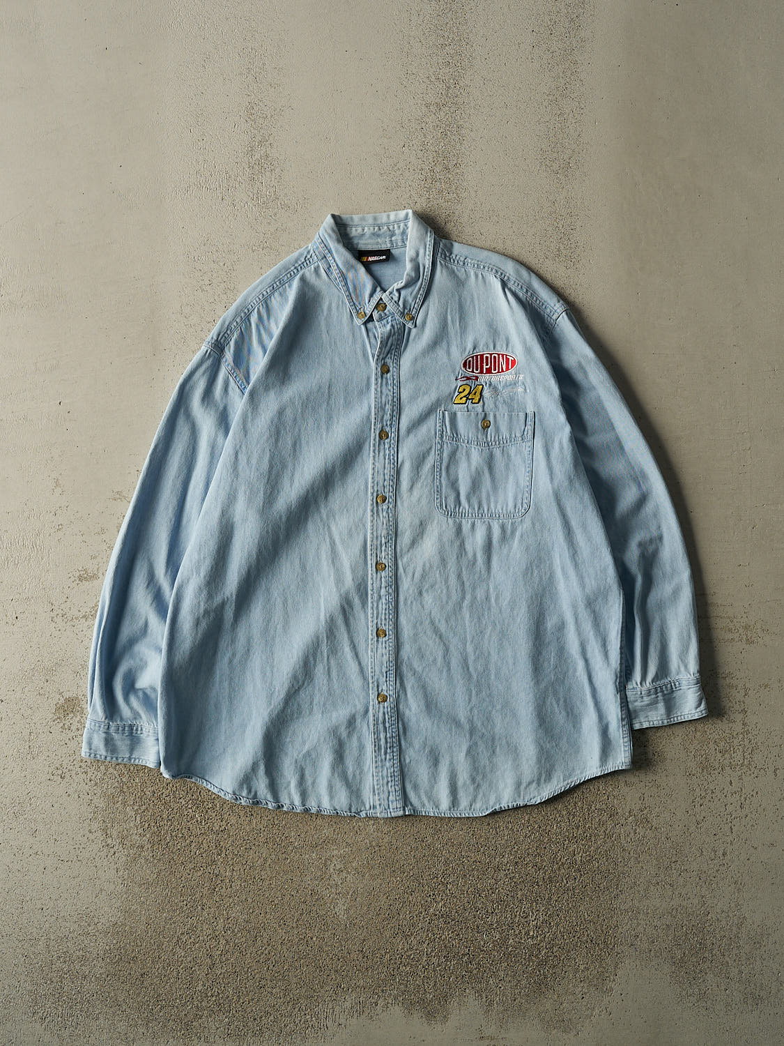 Vintage 90s Light Wash Jeff Gordon Nascar Denim Button Up Long Sleeve (XXL)