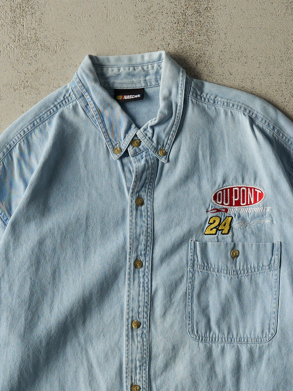 Vintage 90s Light Wash Jeff Gordon Nascar Denim Button Up Long Sleeve (XXL)