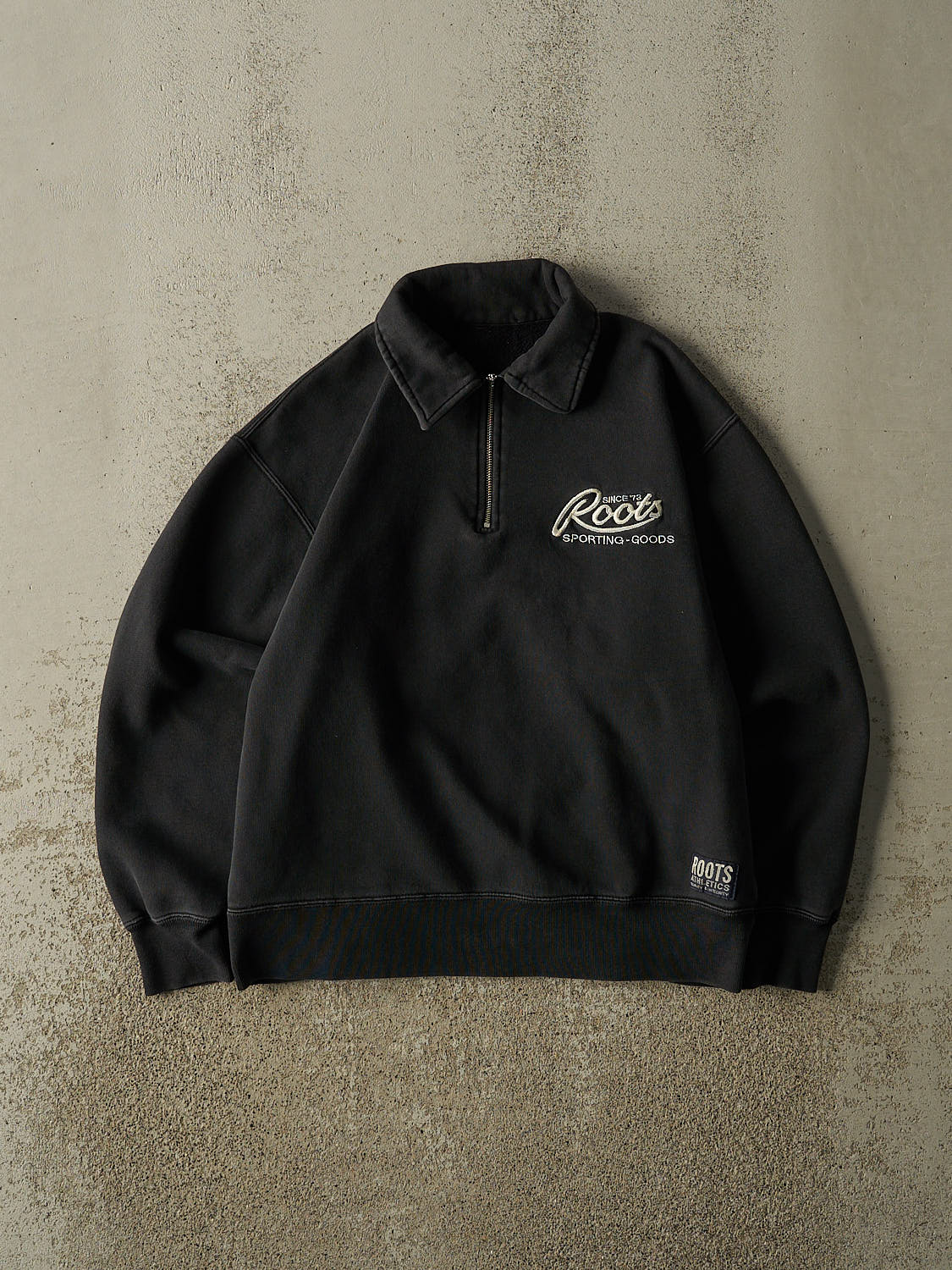Vintage 90s Faded Black Roots Embroidered Quarter Zip Sweater (S/M)
