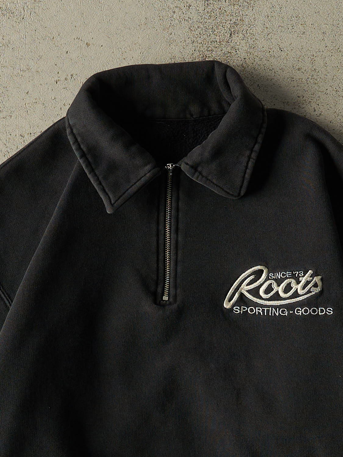 Vintage 90s Faded Black Roots Embroidered Quarter Zip Sweater (S/M)