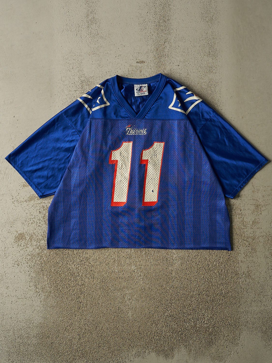 Vintage 90s Blue New England Patriots #11 Bledsoe Cropped Football Jersey (L/XL)