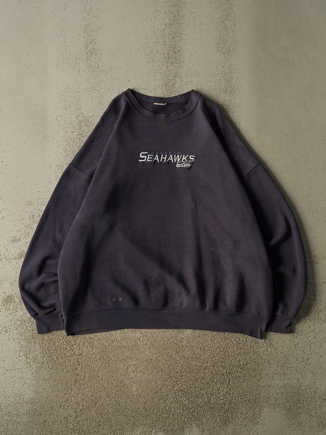 Vintage 90s Faded Navy Seattle Seahawks Embroidered Crewneck (XXL)