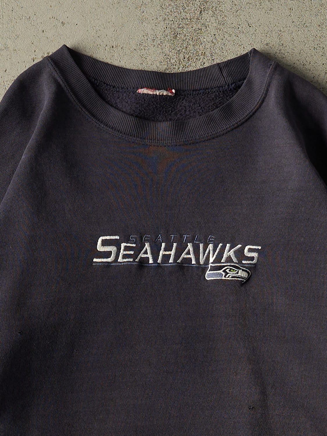 Vintage 90s Faded Navy Seattle Seahawks Embroidered Crewneck (XXL)