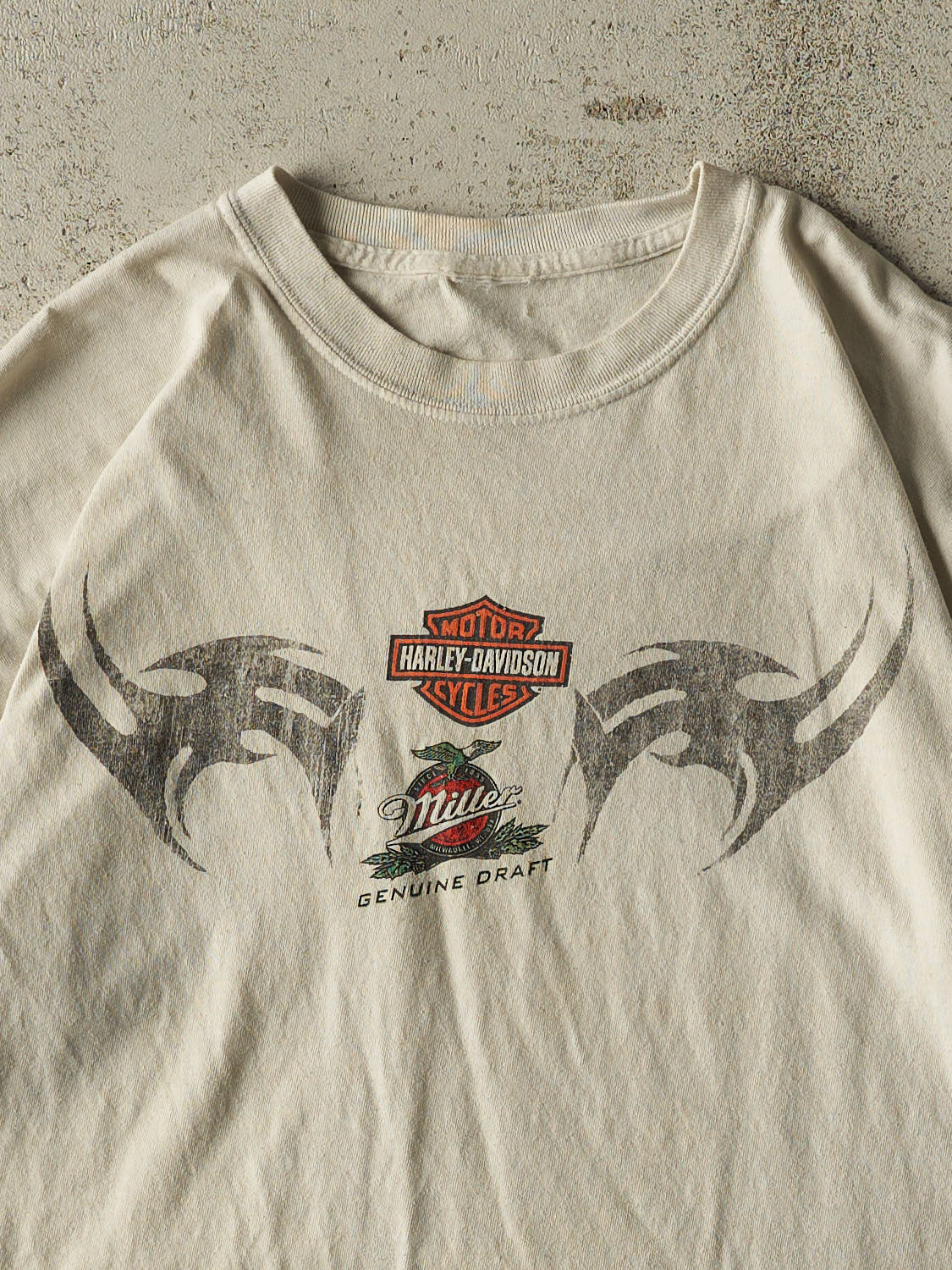 Vintage Y2K Beige Harley Davidson Miller Genuine Draft Tee (L/XL)
