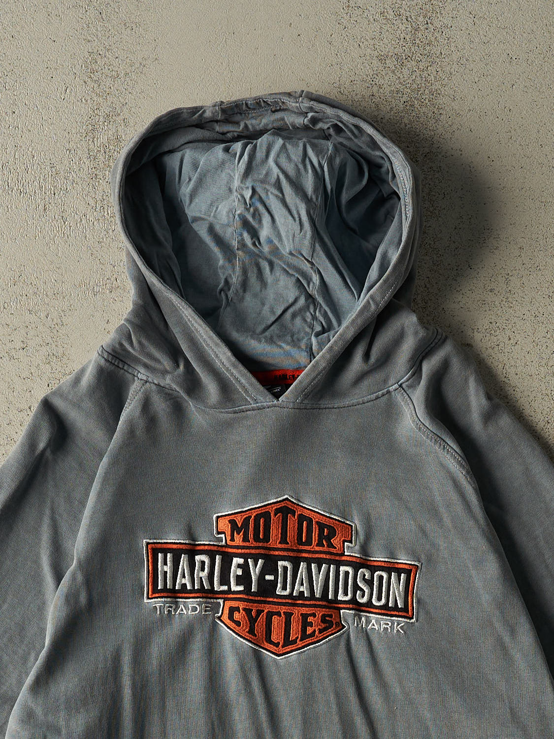 Vintage Y2K Washed Blue Harley Davidson Embroidered Hoodie (XL/XXL)