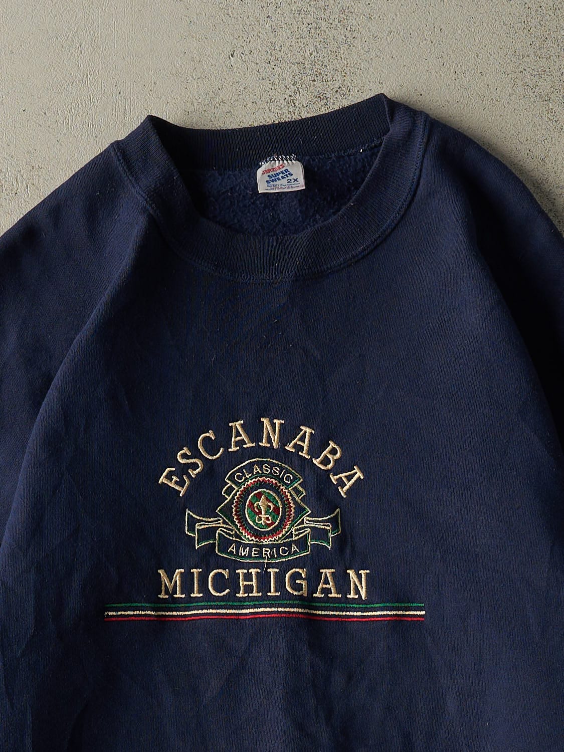 Vintage 80s Navy Blue Escanaba Michigan Embroidered Crewneck (XXL)
