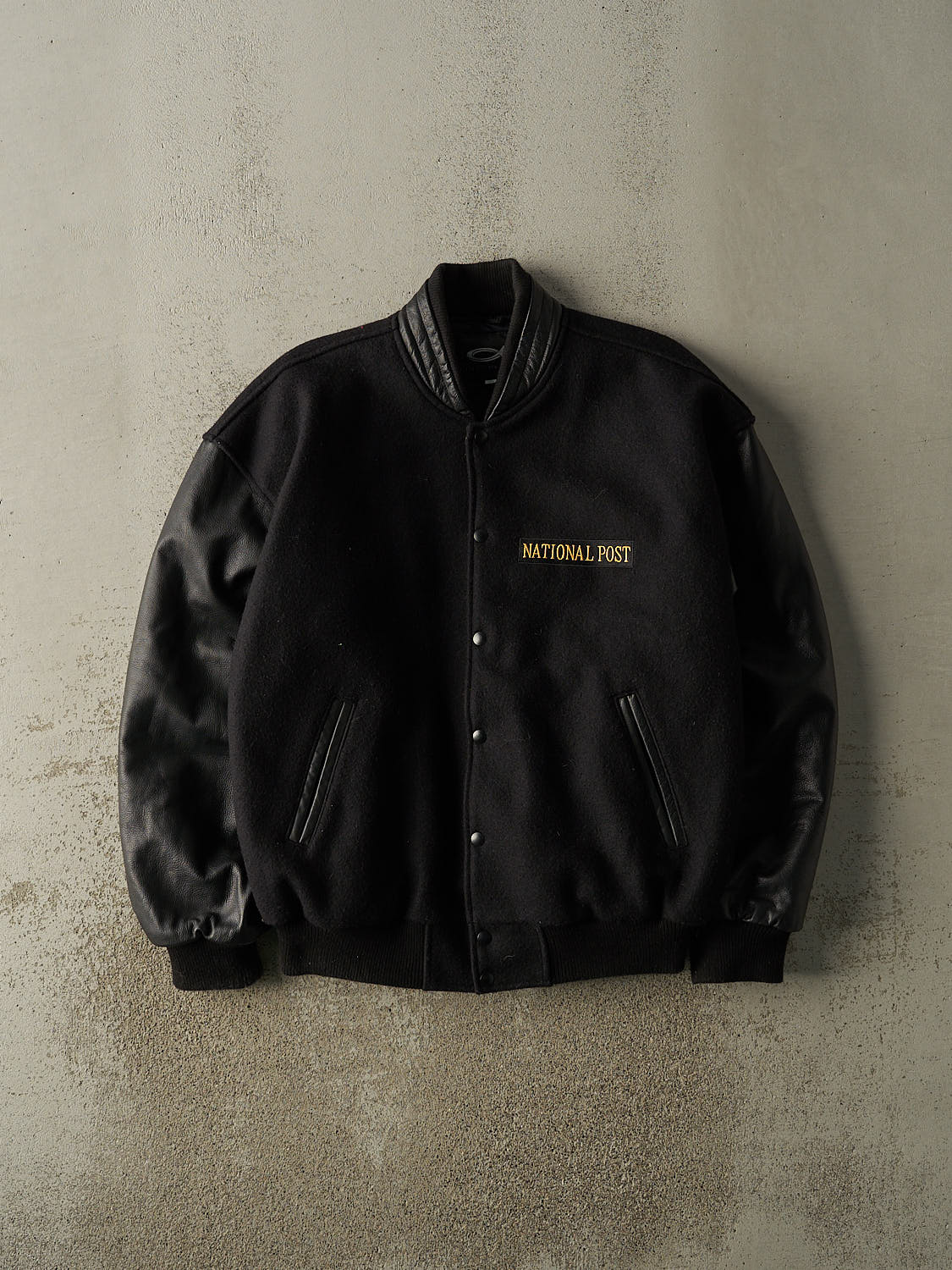 Vintage 90s Black National Post Embroidered Varsity Jacket (L/XL)