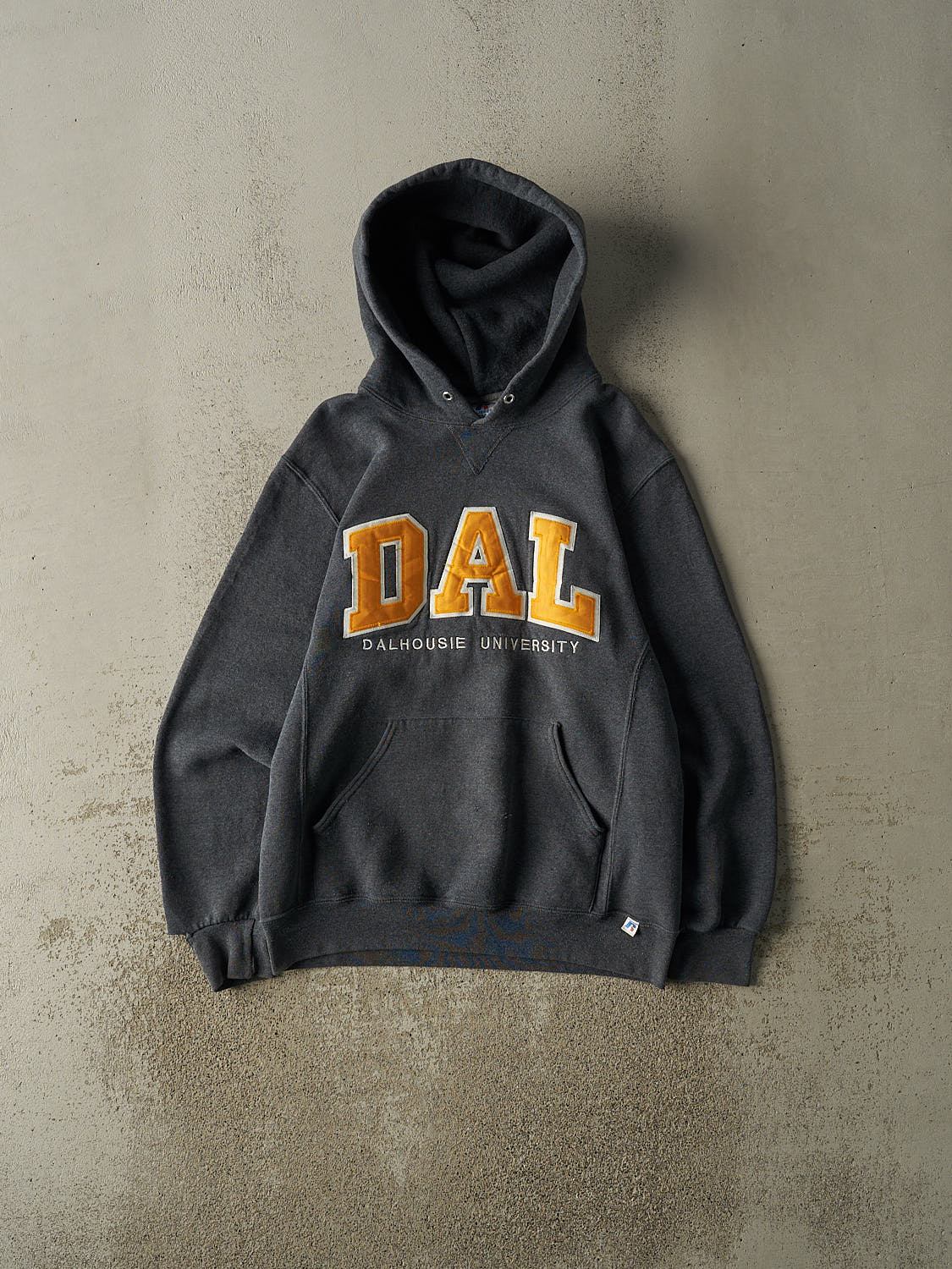 Vintage Y2K Charcoal Grey Russell Athletic Dalhousie University Embroidered Hoodie (M)