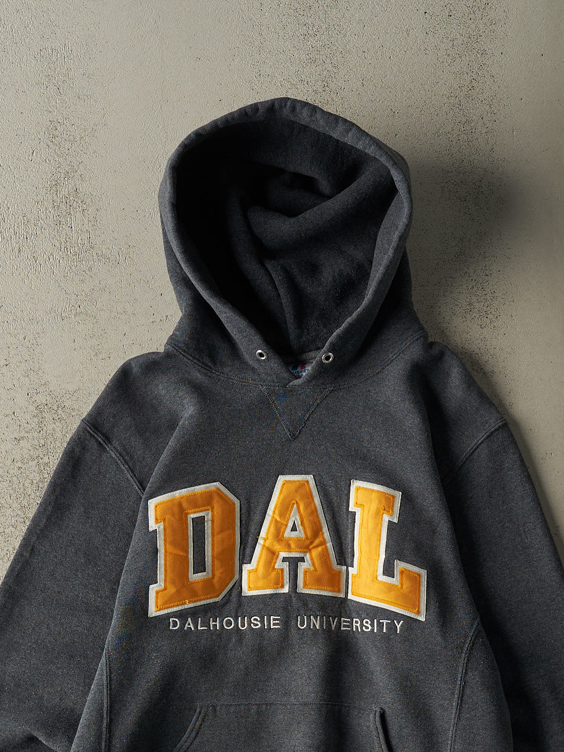Vintage Y2K Charcoal Grey Russell Athletic Dalhousie University Embroidered Hoodie (M)