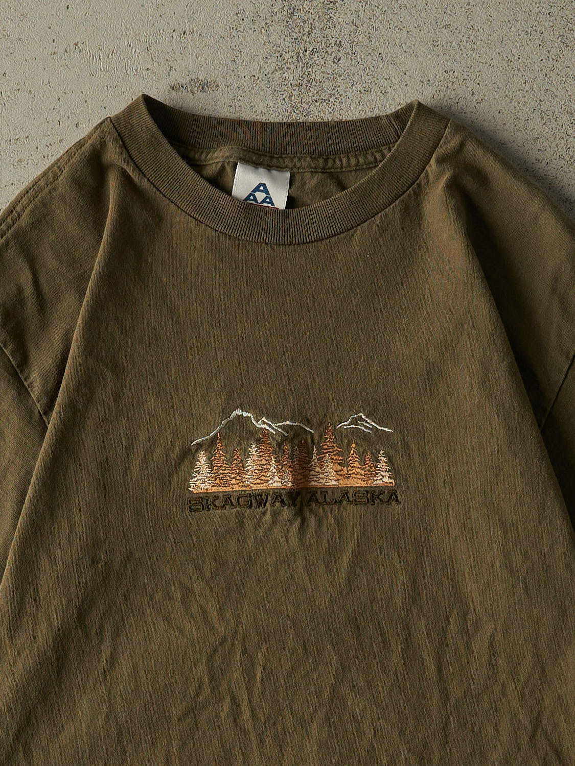 Vintage Y2K Washed Green Skagway Alaska Embroidered Tee (S)