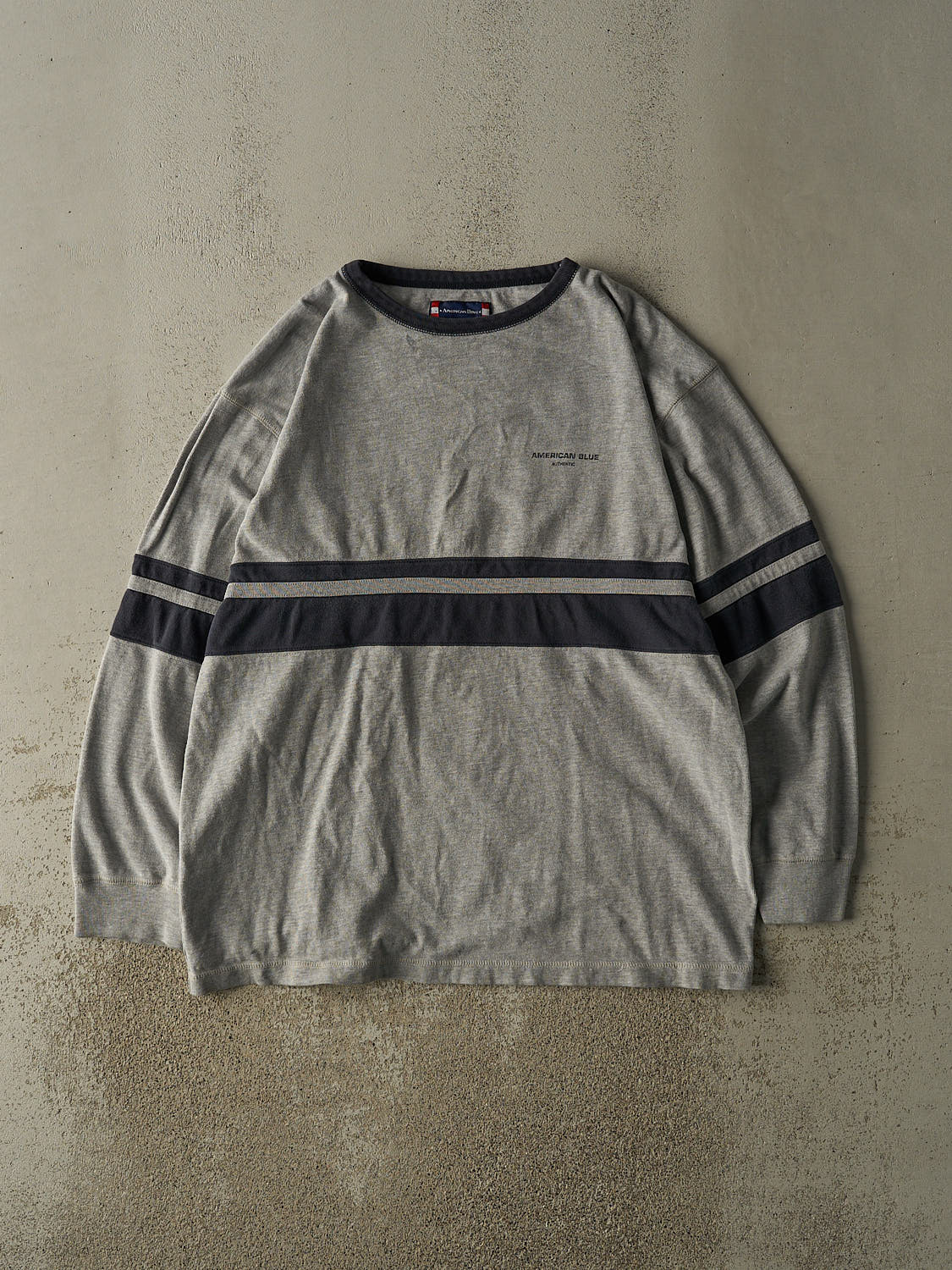 Vintage Y2K Grey & Navy American Blue Striped Long Sleeve (XL)
