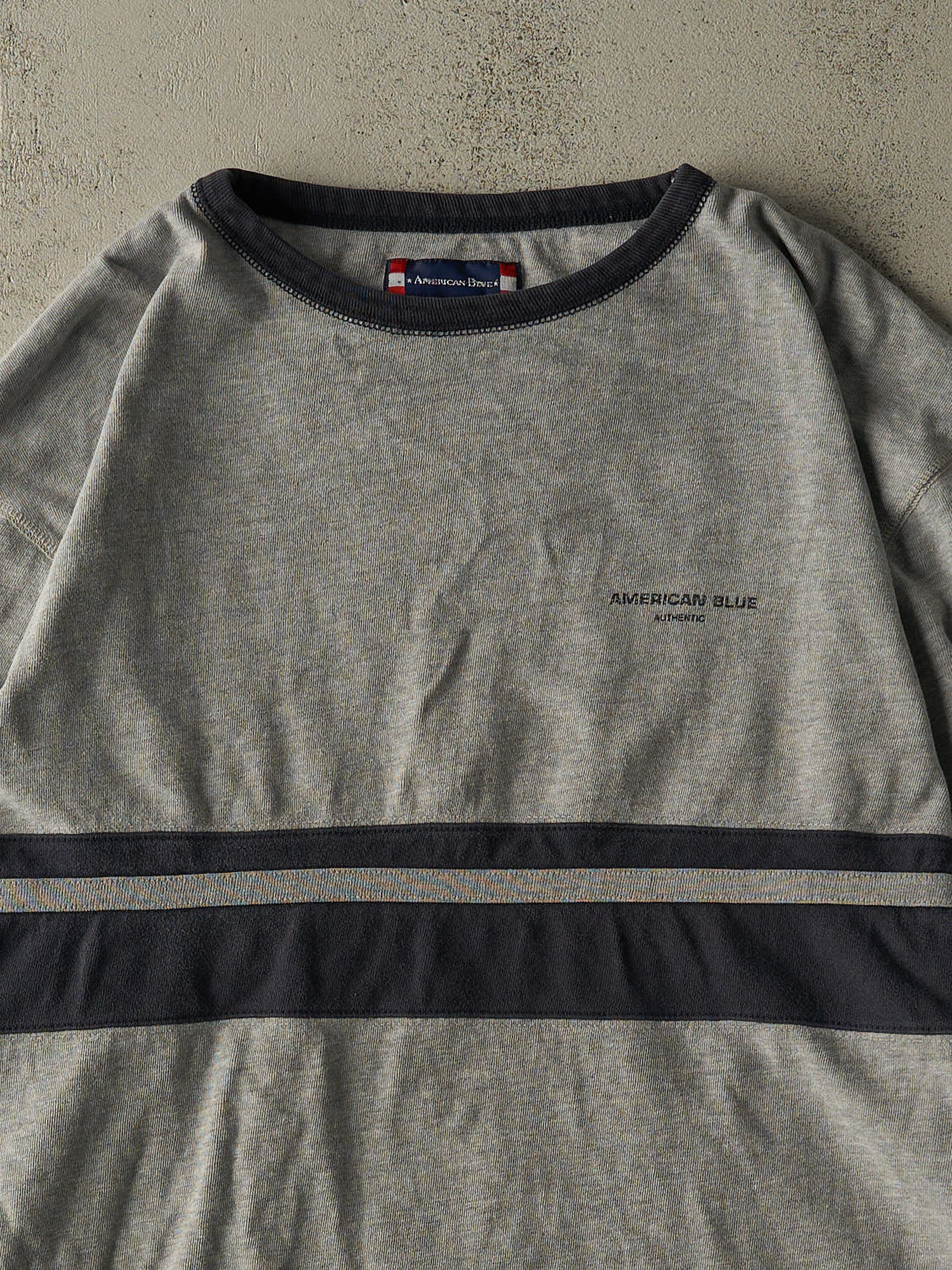 Vintage Y2K Grey & Navy American Blue Striped Long Sleeve (XL)