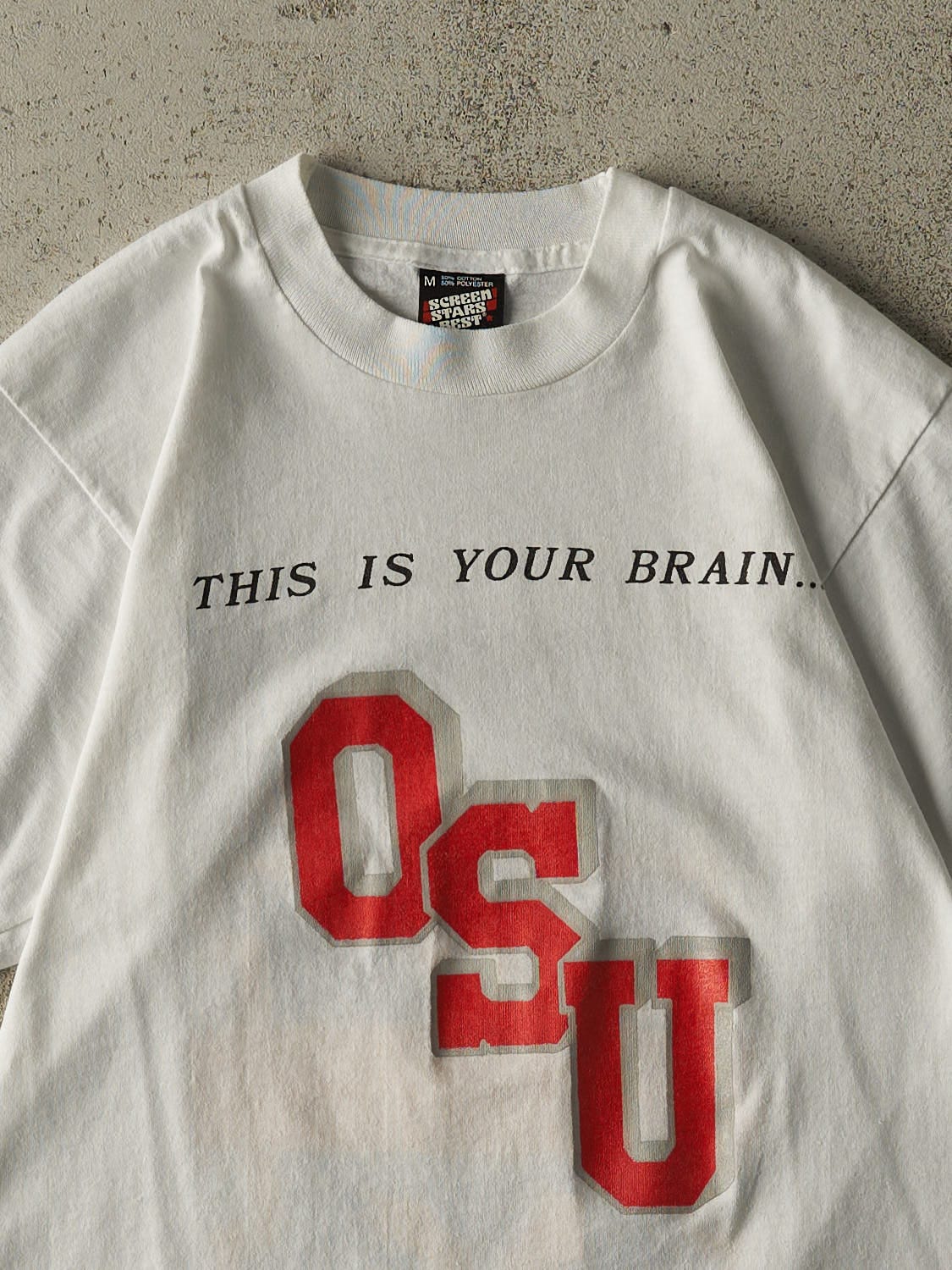 Vintage 80s White University Slogan Single Stitch Tee (XS)