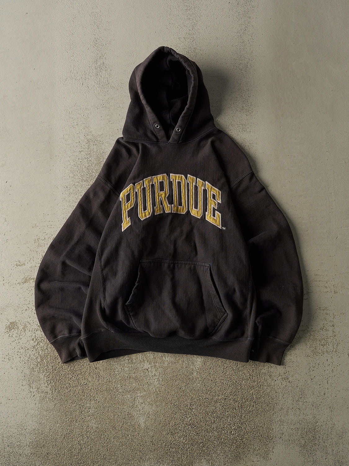 Vintage 90s Faded Black Purdue University Embroidered Hoodie (M/L)