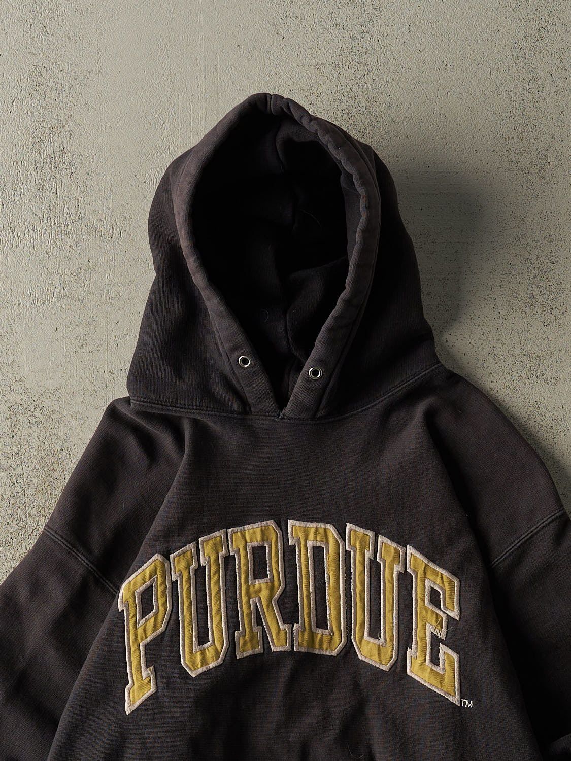 Vintage 90s Faded Black Purdue University Embroidered Hoodie (M/L)