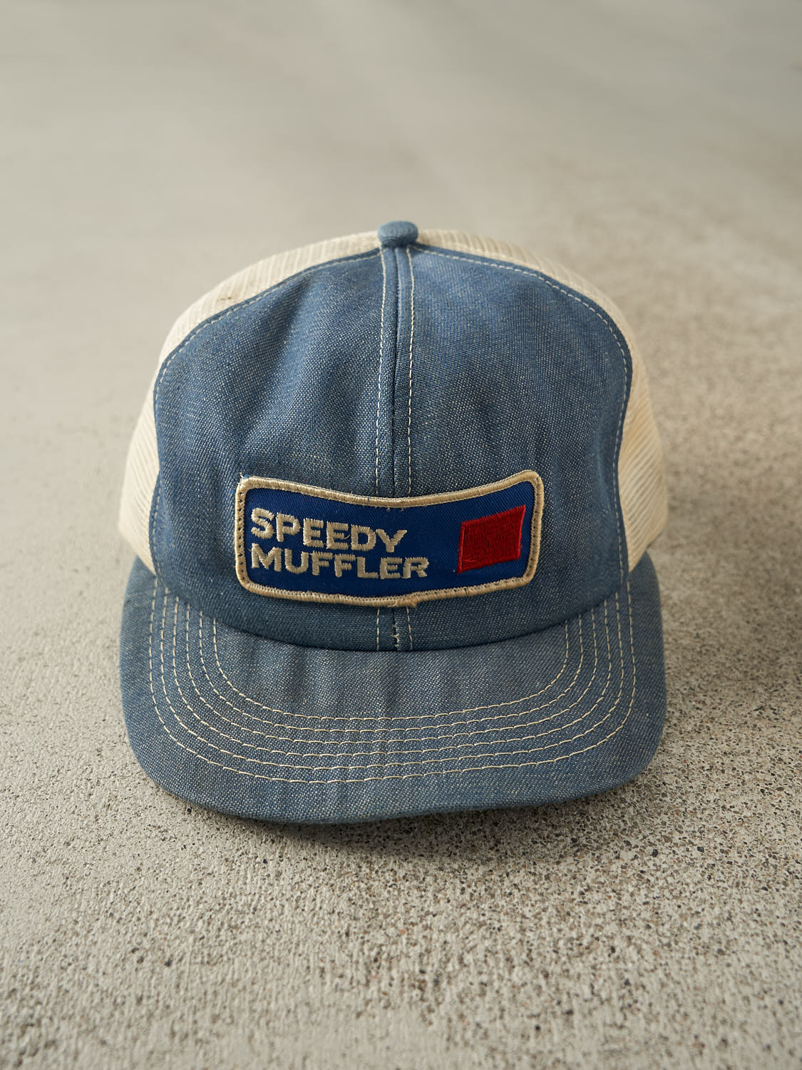 Vintage 80s Mid Wash Speedy Muffler Embroidered Trucker Hat (O/S)