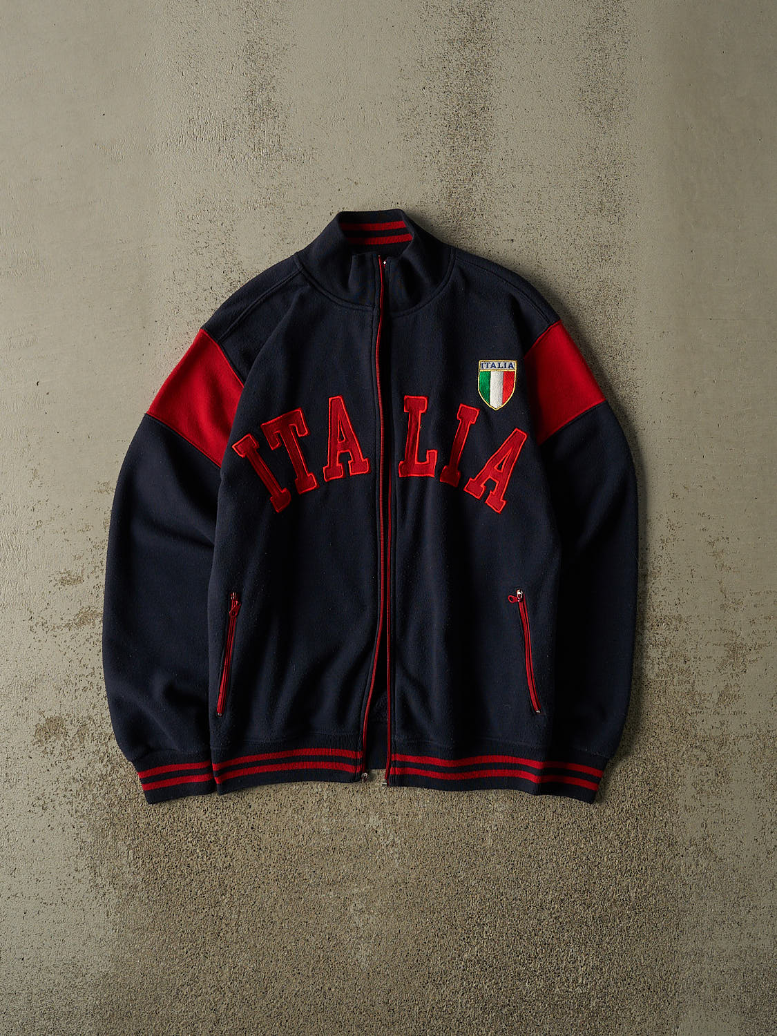 Vintage Y2K Navy Blue Italia Embroidered Zip Up Track Sweater (XS/S)