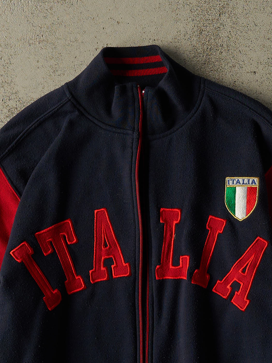 Vintage Y2K Navy Blue Italia Embroidered Zip Up Track Sweater (XS/S)