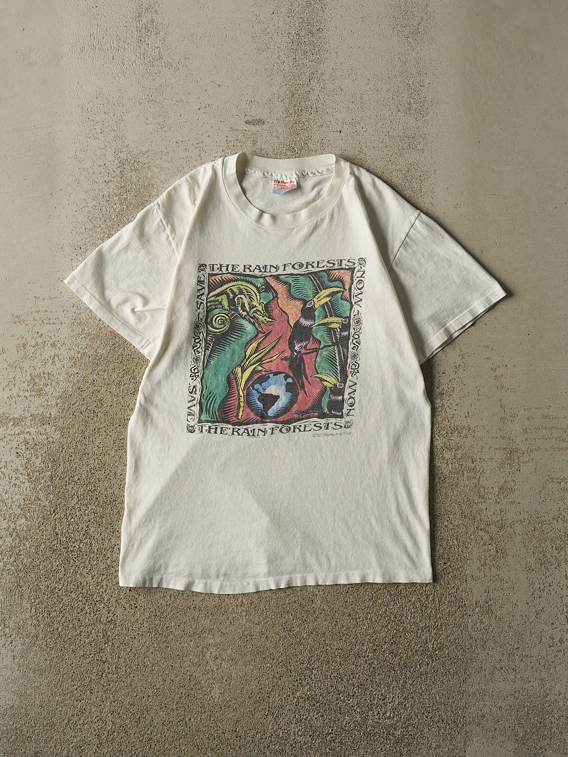 Vintage 92' White Save The Rainforests Art Single Stitch Tee (S/M)