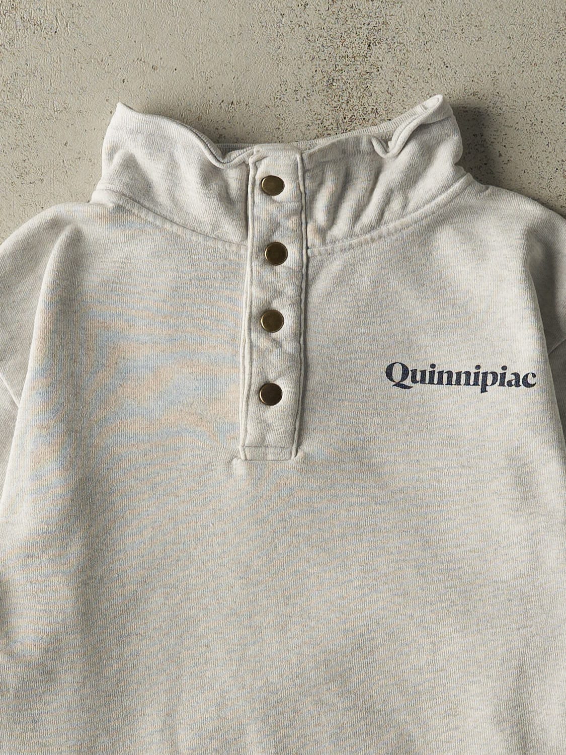 Vintage 90s Heather Grey Quarter Button Quinnipiac Embroidered Crewneck (S)