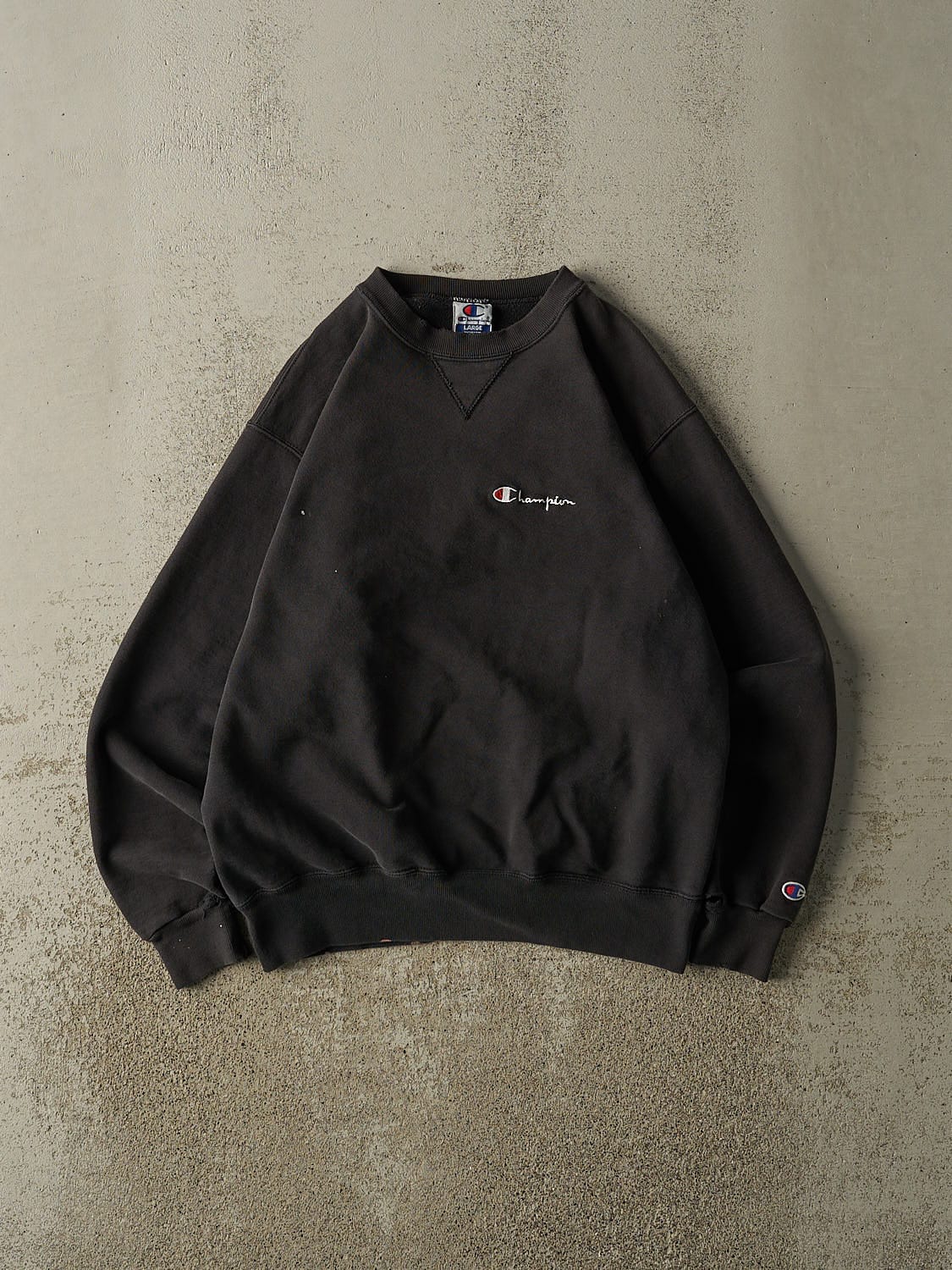 Vintage 90s Faded Black Champion Embroidered Crewneck (S/M)