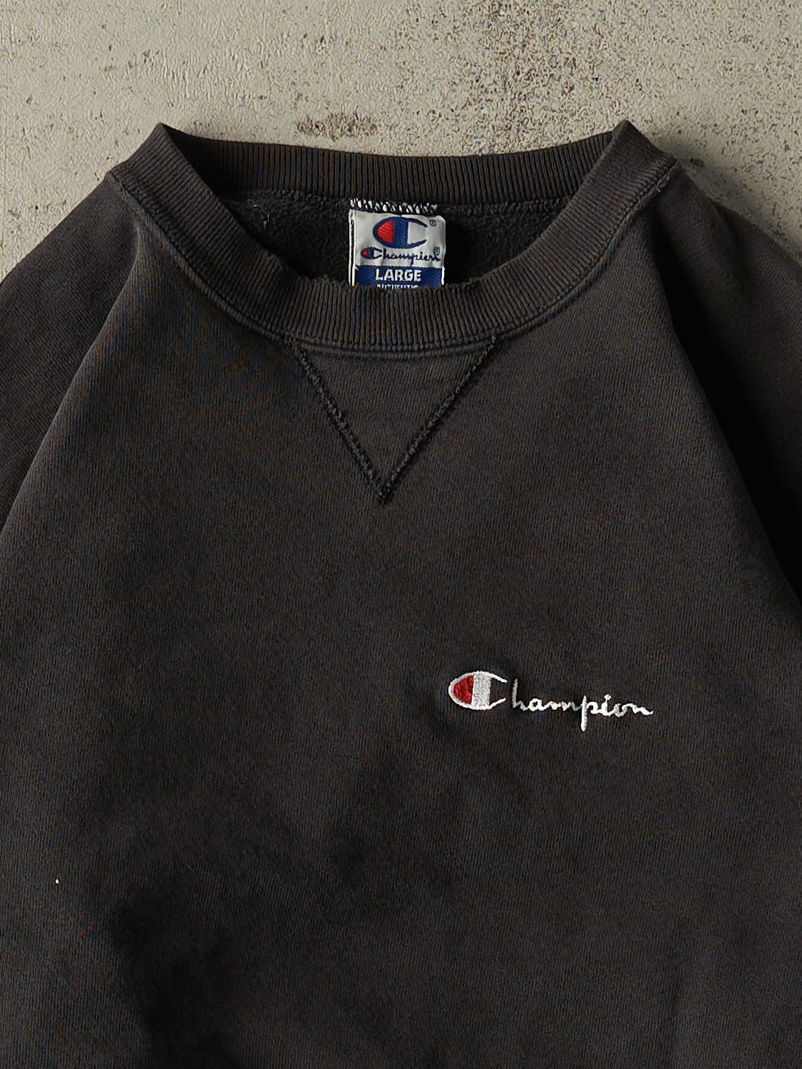 Vintage 90s Faded Black Champion Embroidered Crewneck (S/M)