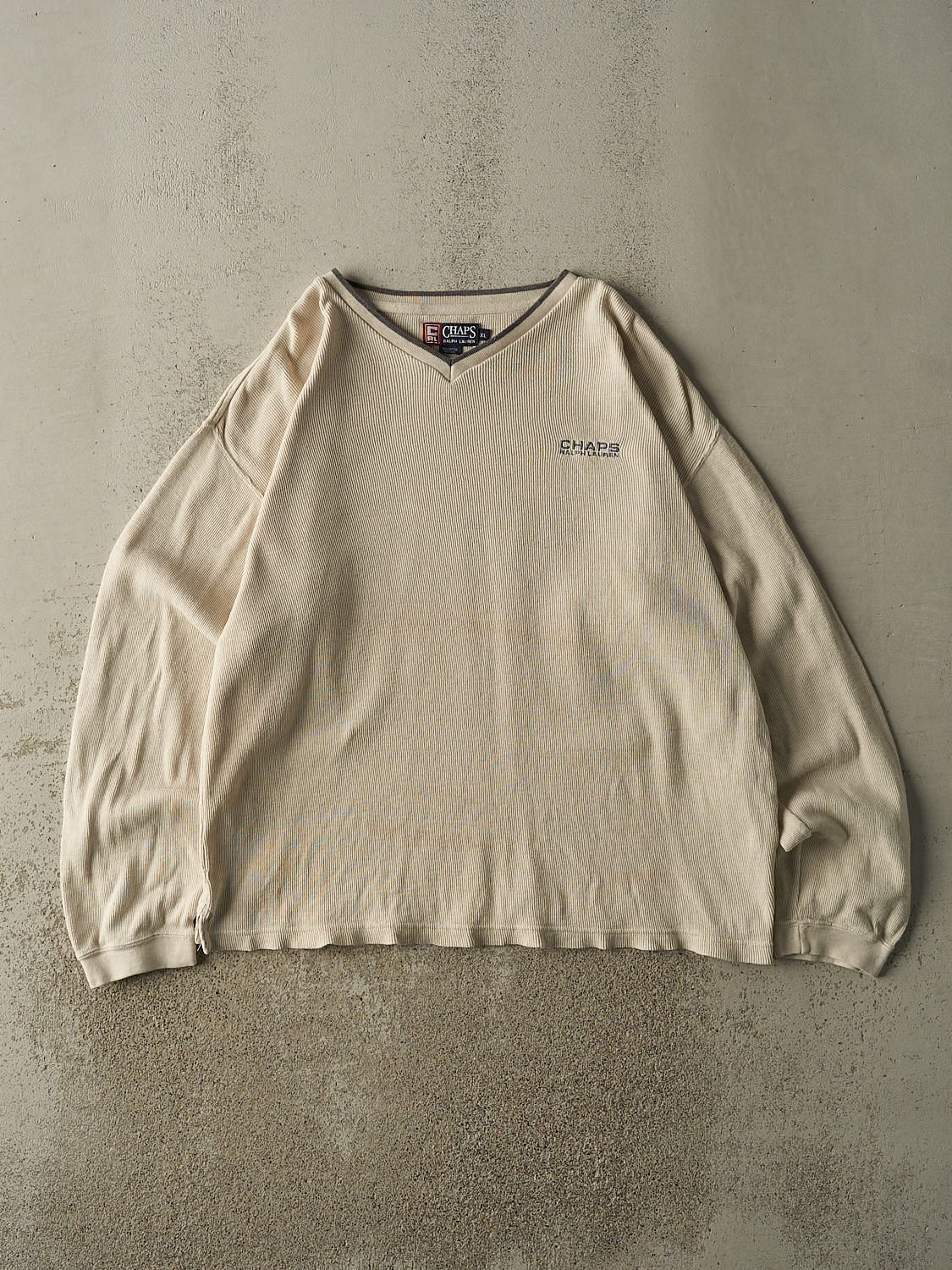 Vintage 90s Beige Chaps Embroidered Textured Long Sleeve (XL)