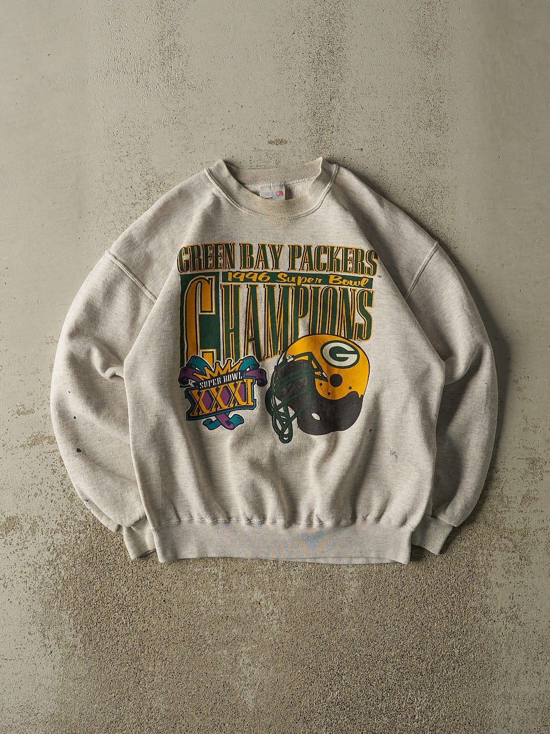 Vintage 96' Heather Grey Green Bay Packers Super Bowl Champions Crewneck (S/M)