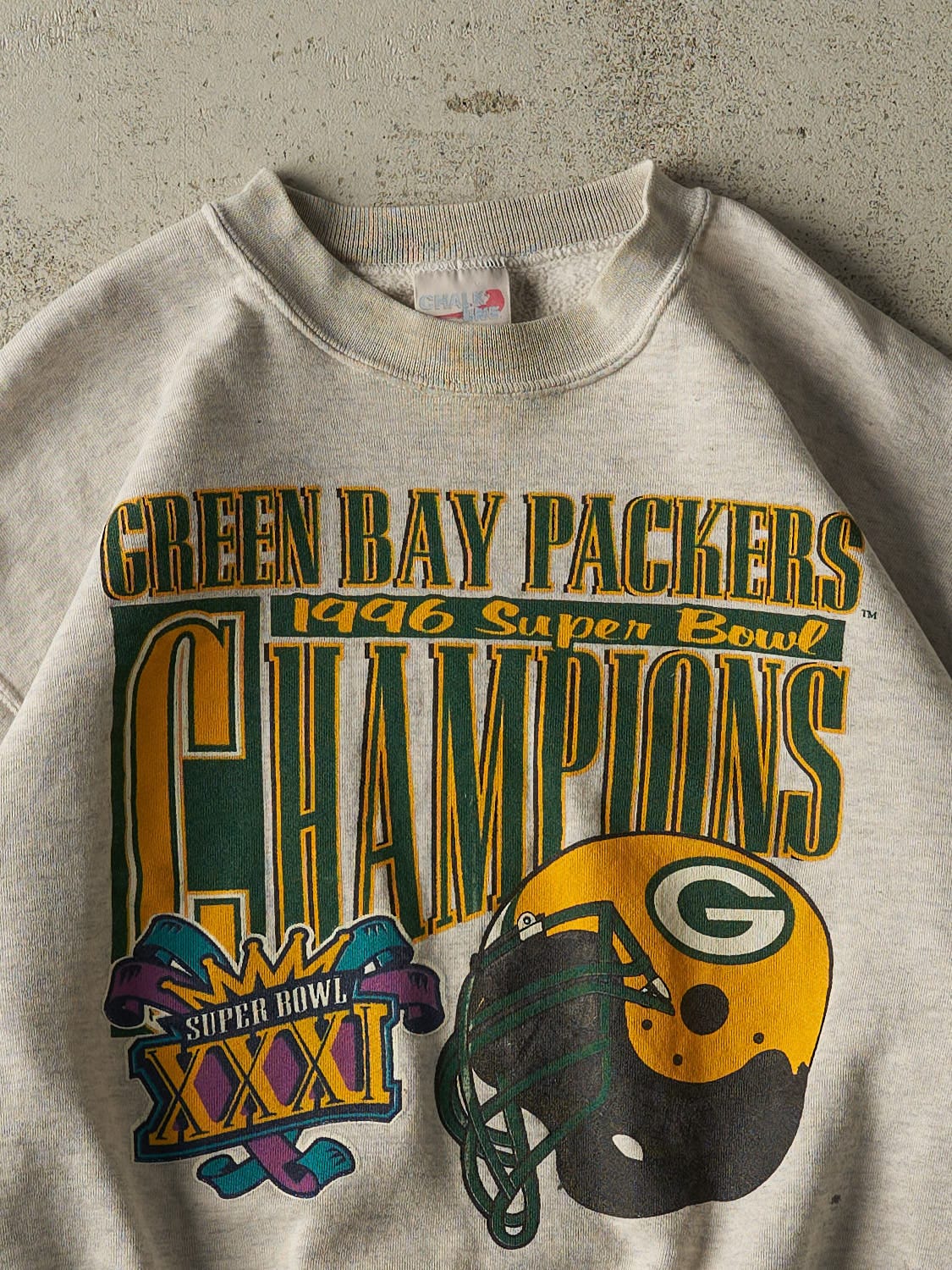 Vintage 96' Heather Grey Green Bay Packers Super Bowl Champions Crewneck (S/M)