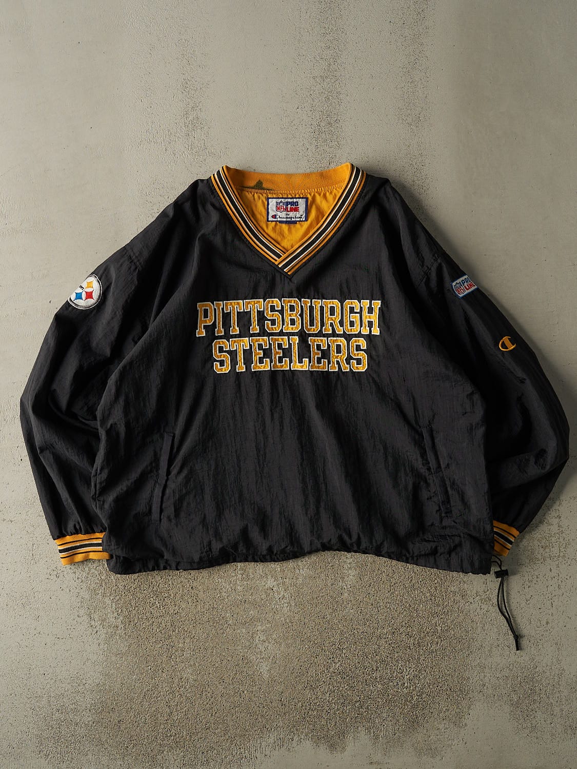 Vintage 90s Black Pittsburgh Steelers Champion Pullover Windbreaker Jacket (XXL/XXXL)