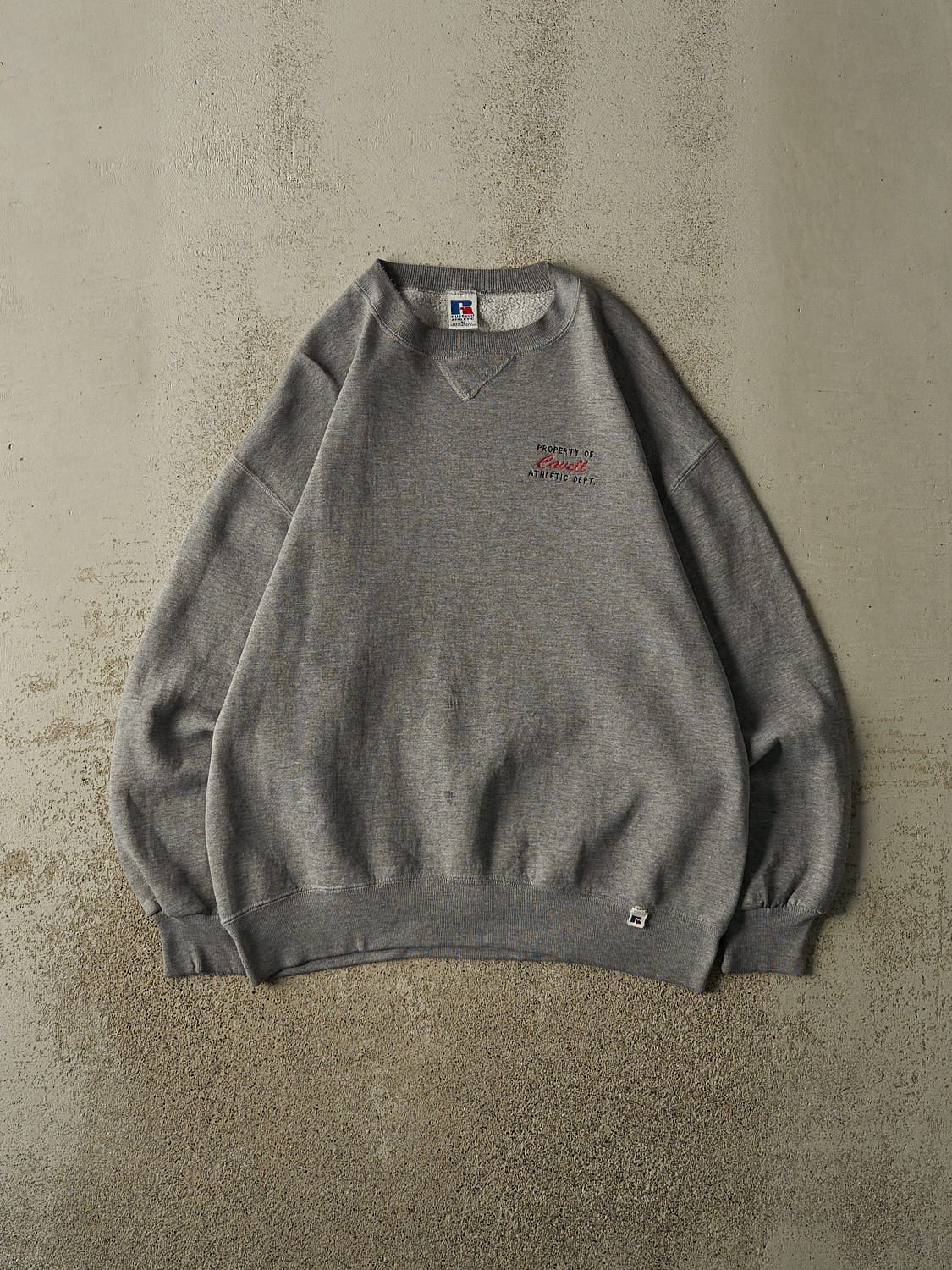 Vintage 90s Grey Russell Athletic Cavell Embroidered Crewneck (L/XL)