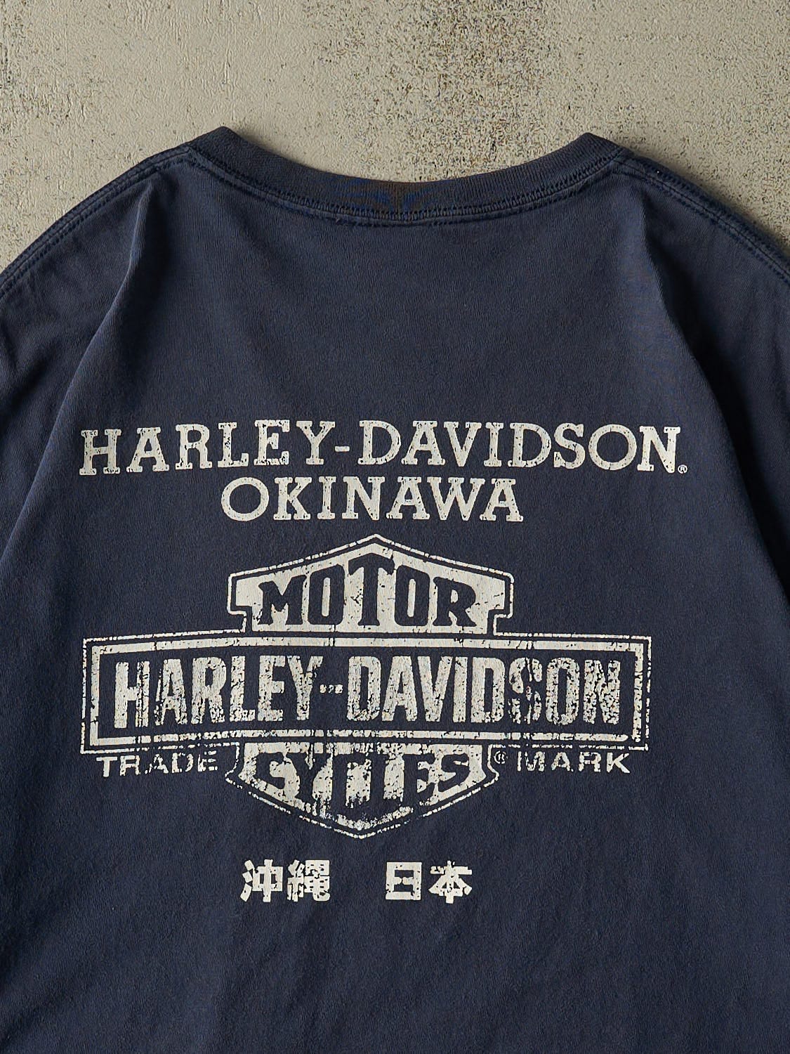 Vintage Y2K Navy Blue Harley Davidson Okinawa Japan Pocket Tee (XL)