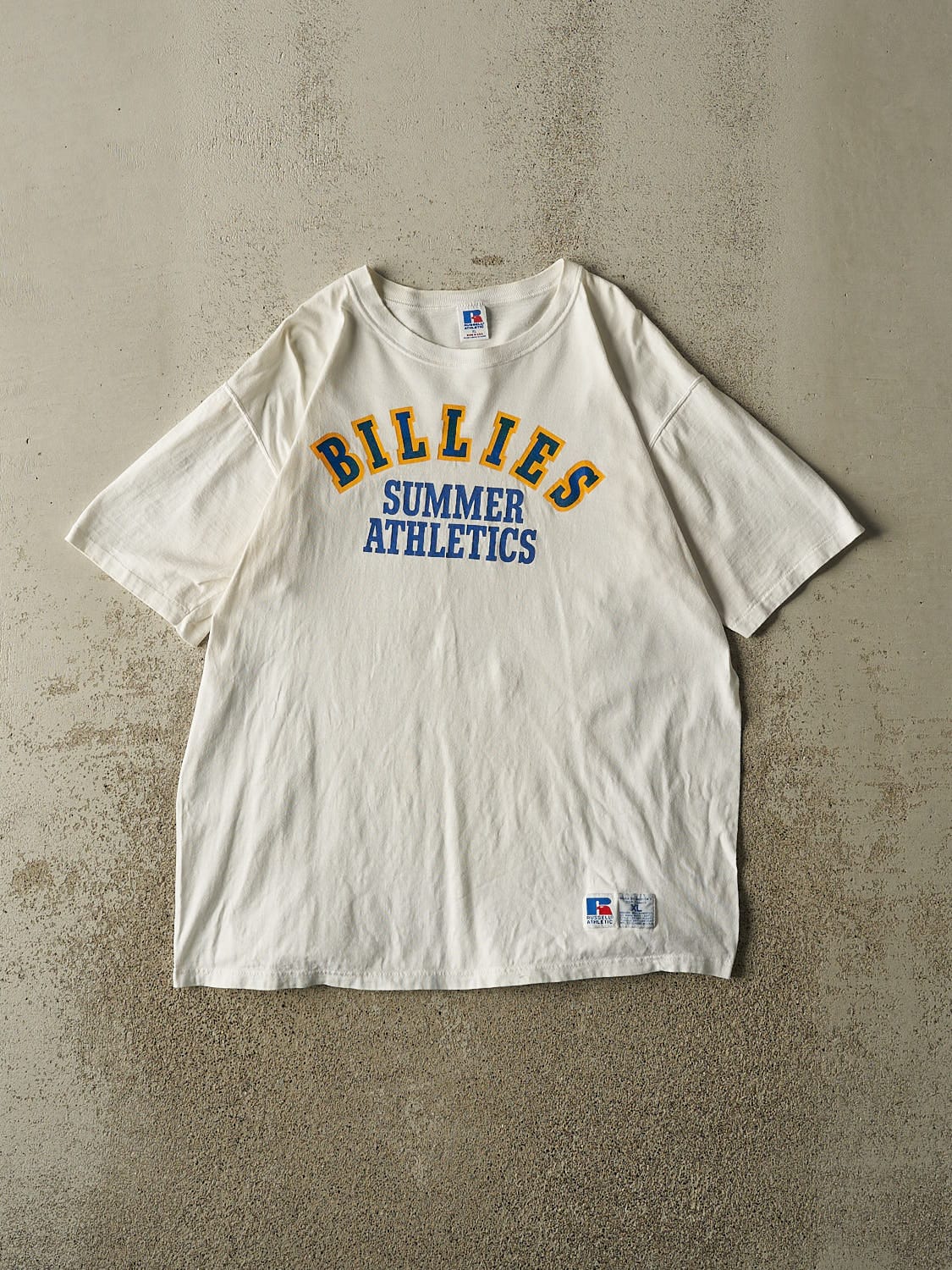 Vintage 80s White Russell Athletic Billies Summer Athletics Tee (L)